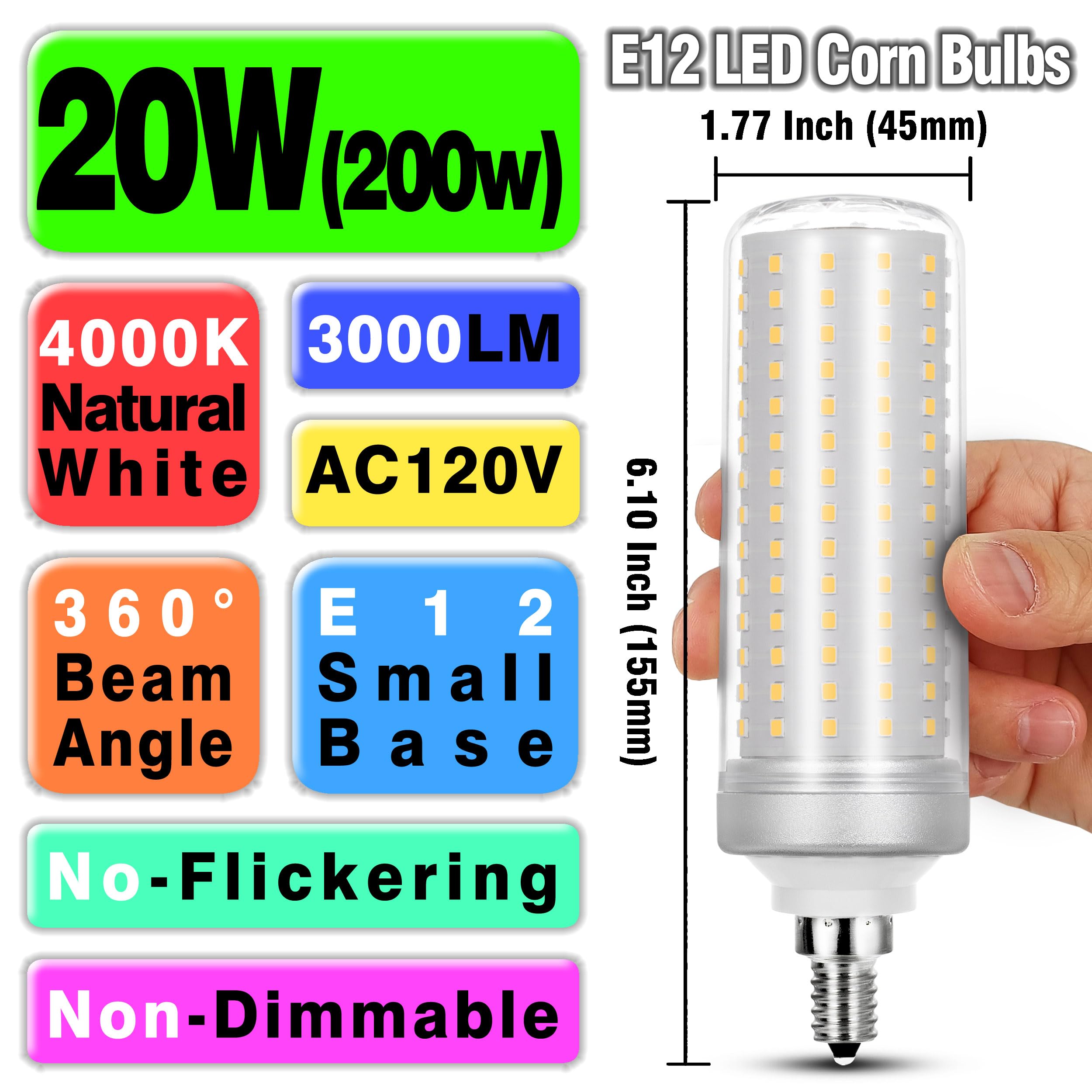 Ziomitus E12 LED Candelabra Bulbs 20W, 4000K Natural White, 3000 LM, Non-dimmable, 3 Pack, Model ZMCE122