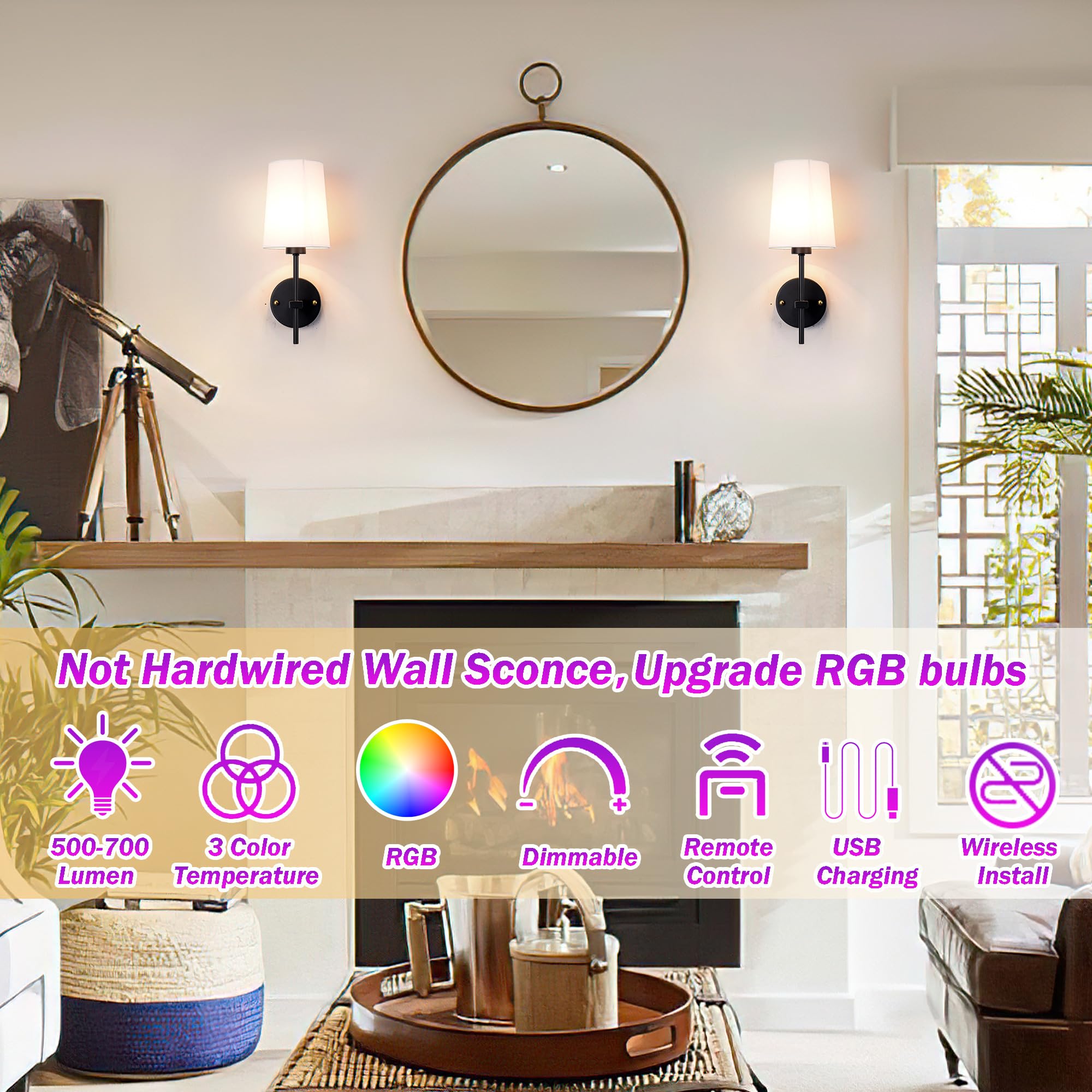 Battery Operated Wall Sconce Set Of 2, Wireless Dimmable Battery Powered Wall Lamp With Remote Control,Battery Wall Light With White Fabric Shade For Bedroom,Easy To Install,3 Color Temp Bulb Included