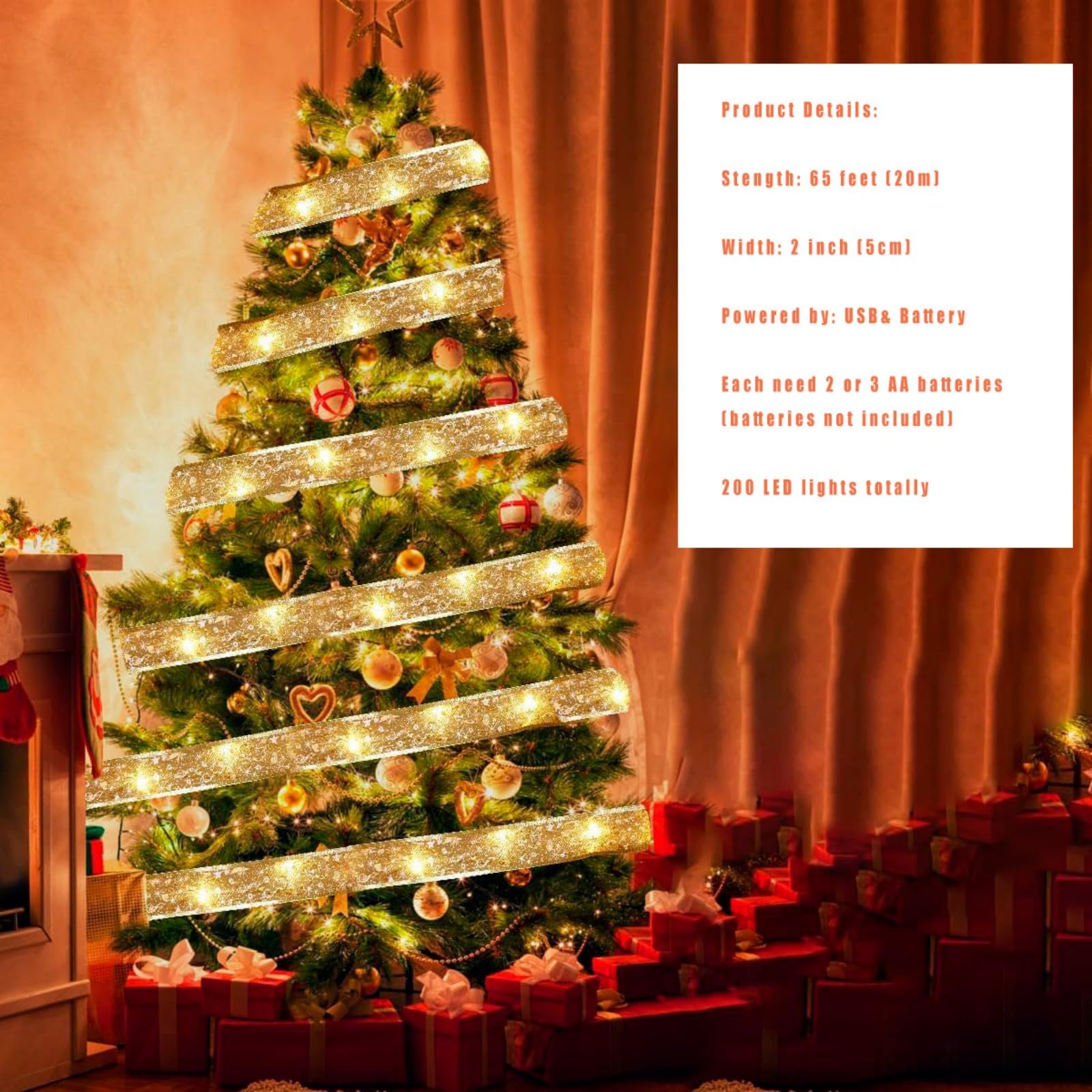 Gold Christmas Tree Decorations Ribbon Lights, 64Ft 200 Led String Lights, Battery-Powered Copper Wire Christmas Tree Ribbon Lights For Holiday Party Weddings Indoor Christmas Tree Decorations