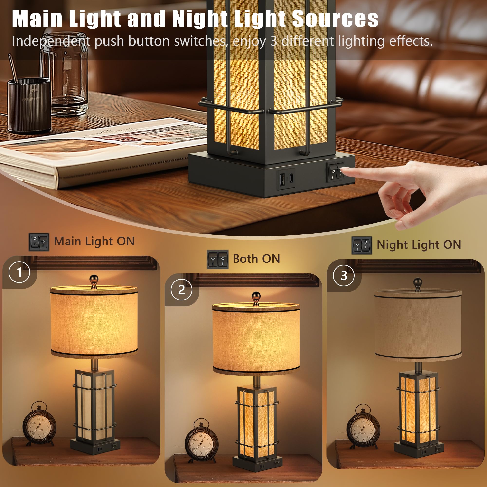 Bzzmmb Black Table Lamps Set Of 2, 24'' Farmhouse Lamps For Living Room With Usb C+A Ports, Industrial Retro Lamps For Bedroom,