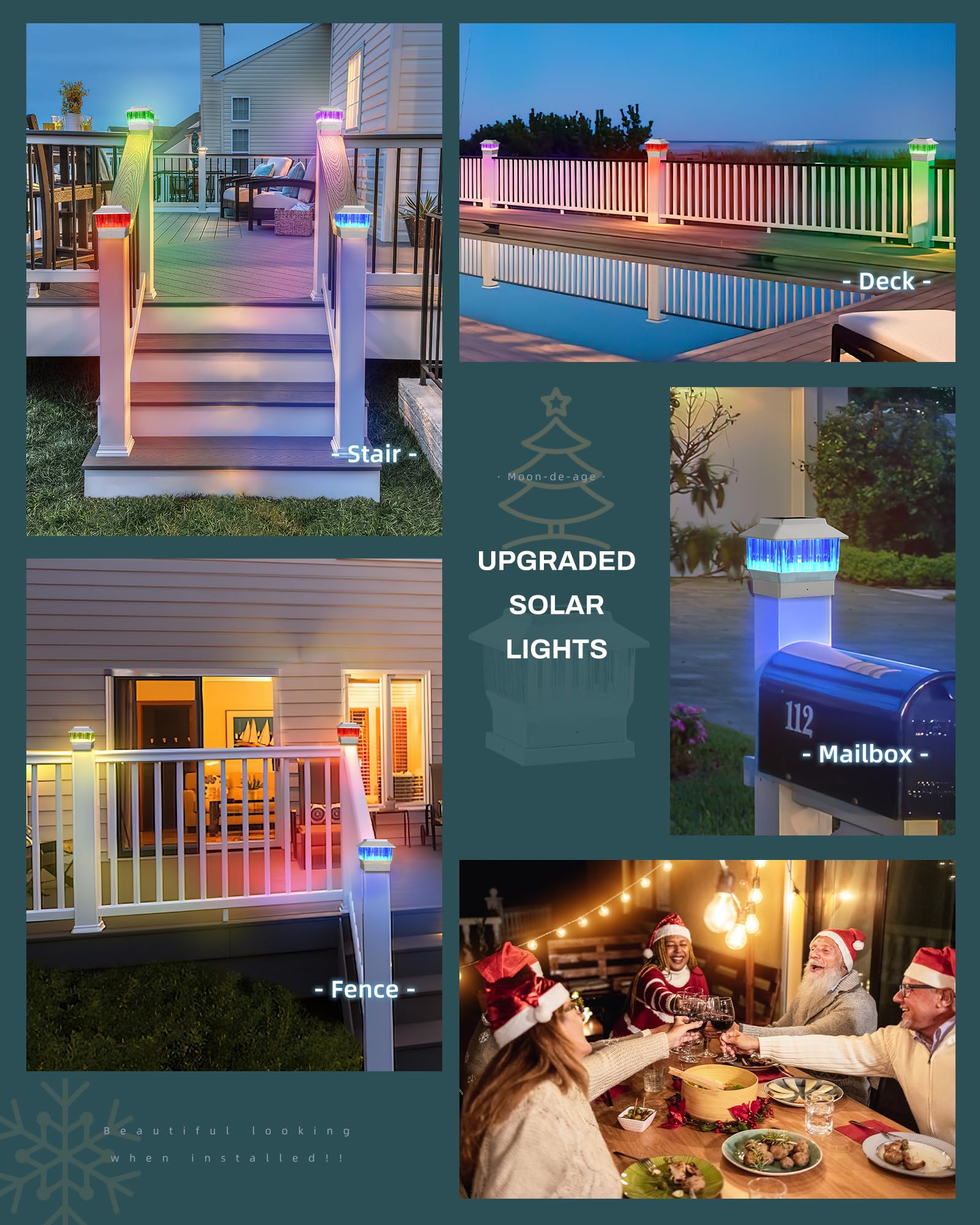 Moon-De-Age Rgbw Solar Post Cap Lights, 50 Lumen, 4 Pack For Garden & Patio, Led Outdoor Decor