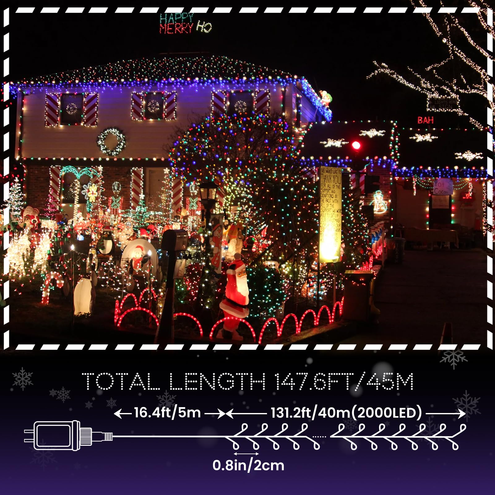 Lycklig Cluster Christmas Fairy Lights, 2000 LED, Multicolor, 147FT, Remote, 8 Modes, Timer, Model BPW-2000LED-MIX