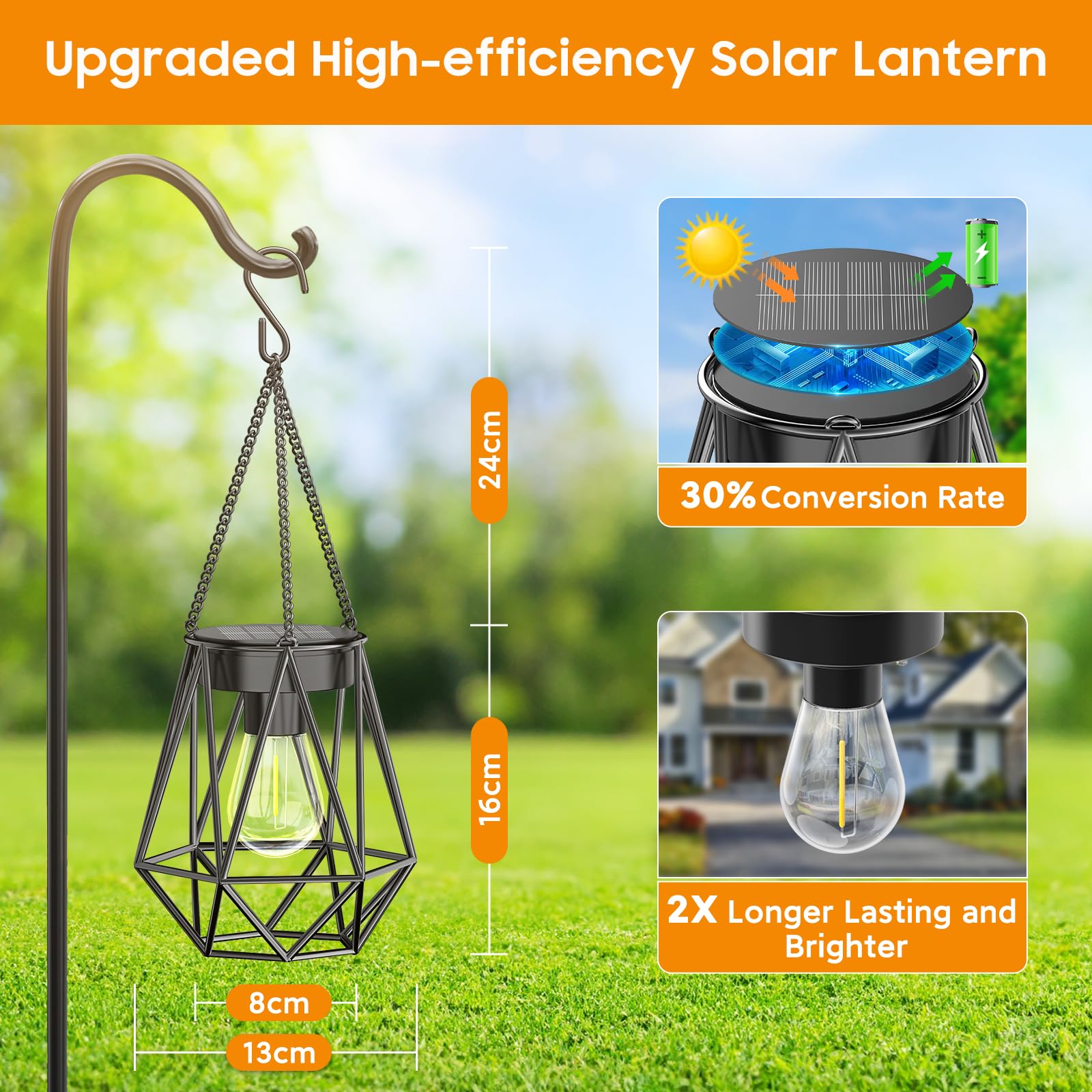 KOOPER Solar Lanterns 2 Pack, Waterproof Metal, Diamond Shape, Black, Model TLL031, Outdoor Decorative Lights for Patio and Garden