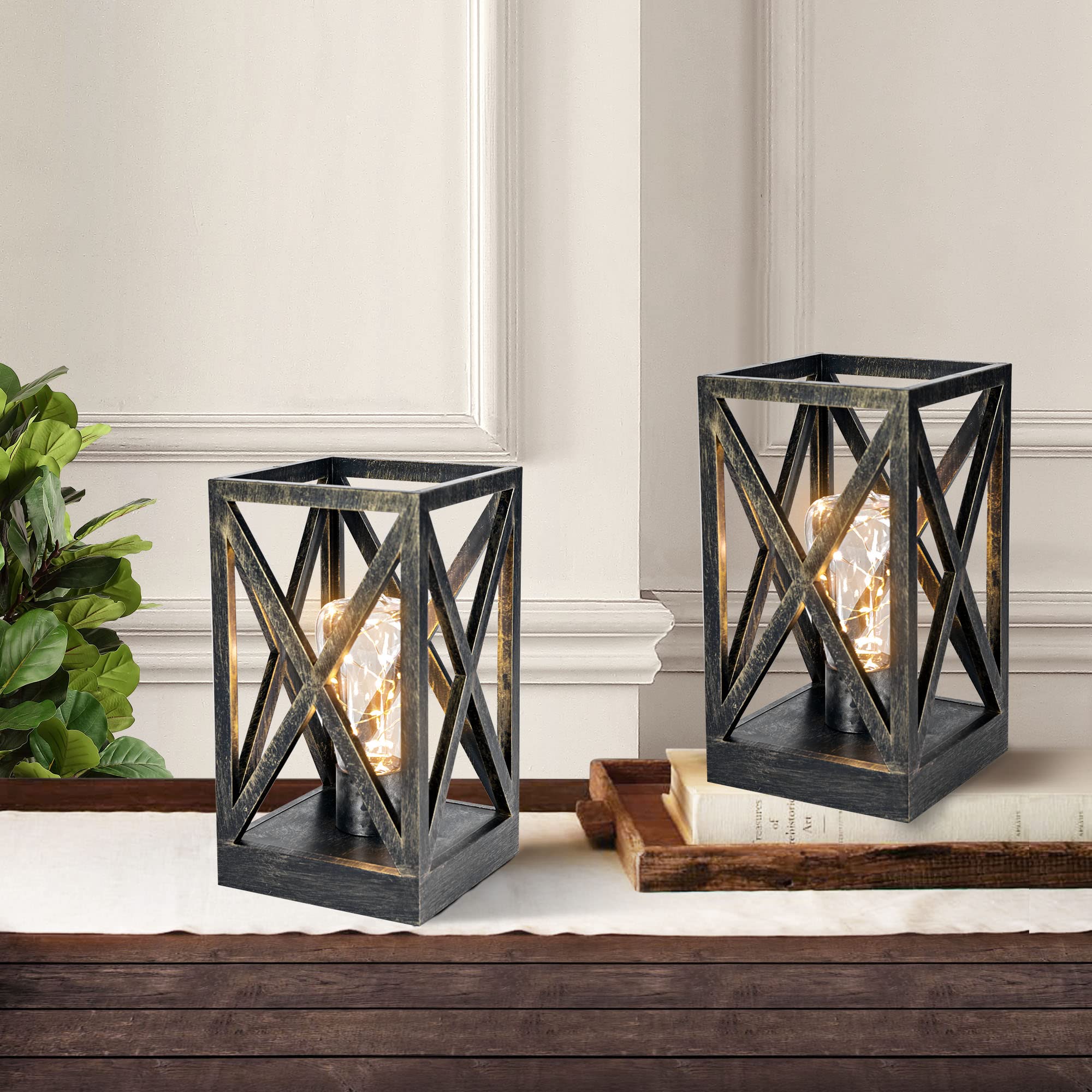 WINGBO Retro Battery Powered Table Lamps, 2-Pack, Cordless, ABS, Black & Gold Finish, Indoor/Outdoor Use