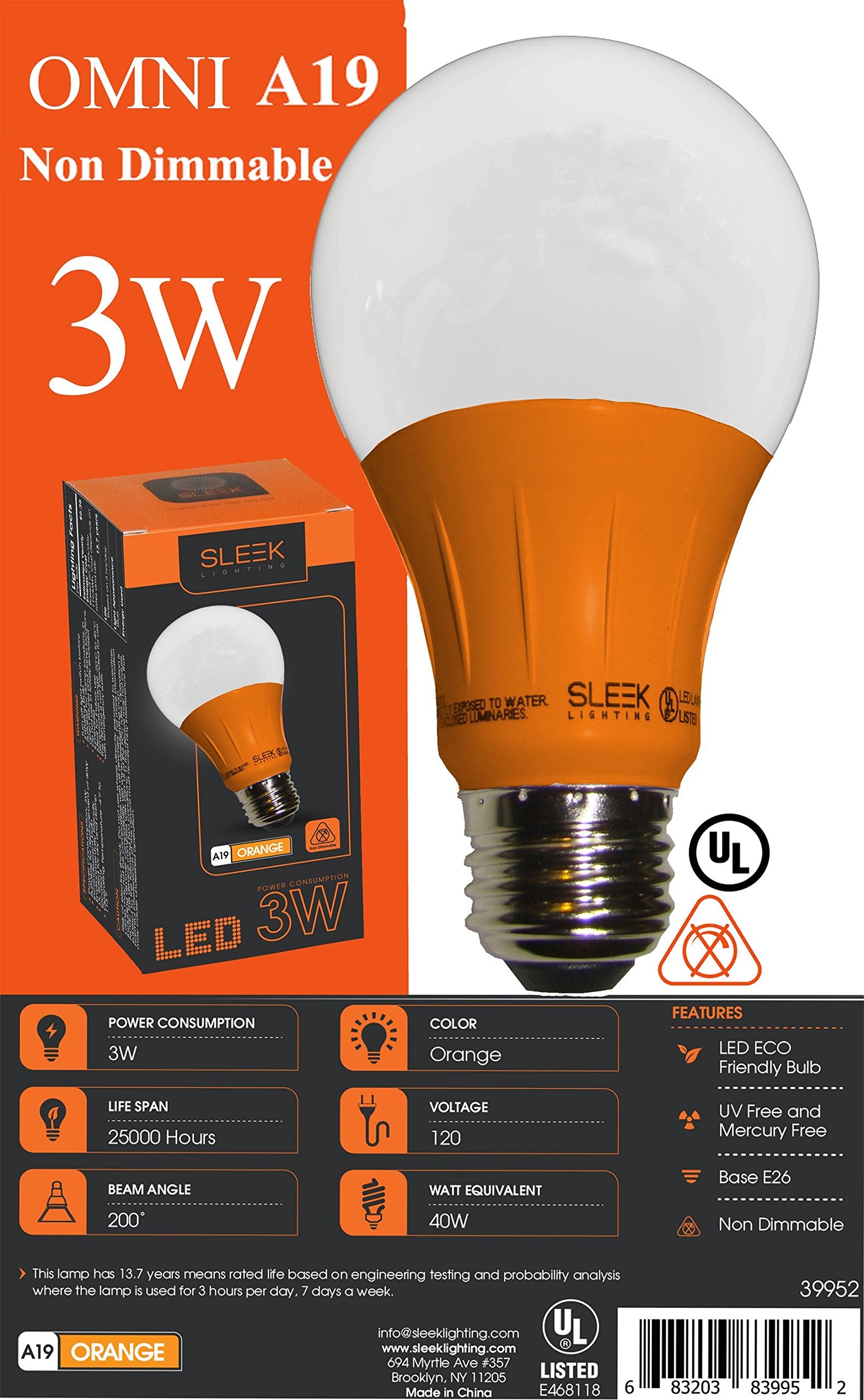 SLEEKLIGHTING LED A19 Orange Light Bulb, 3W Energy Saving, 120V, UL-Listed, 4-Pack