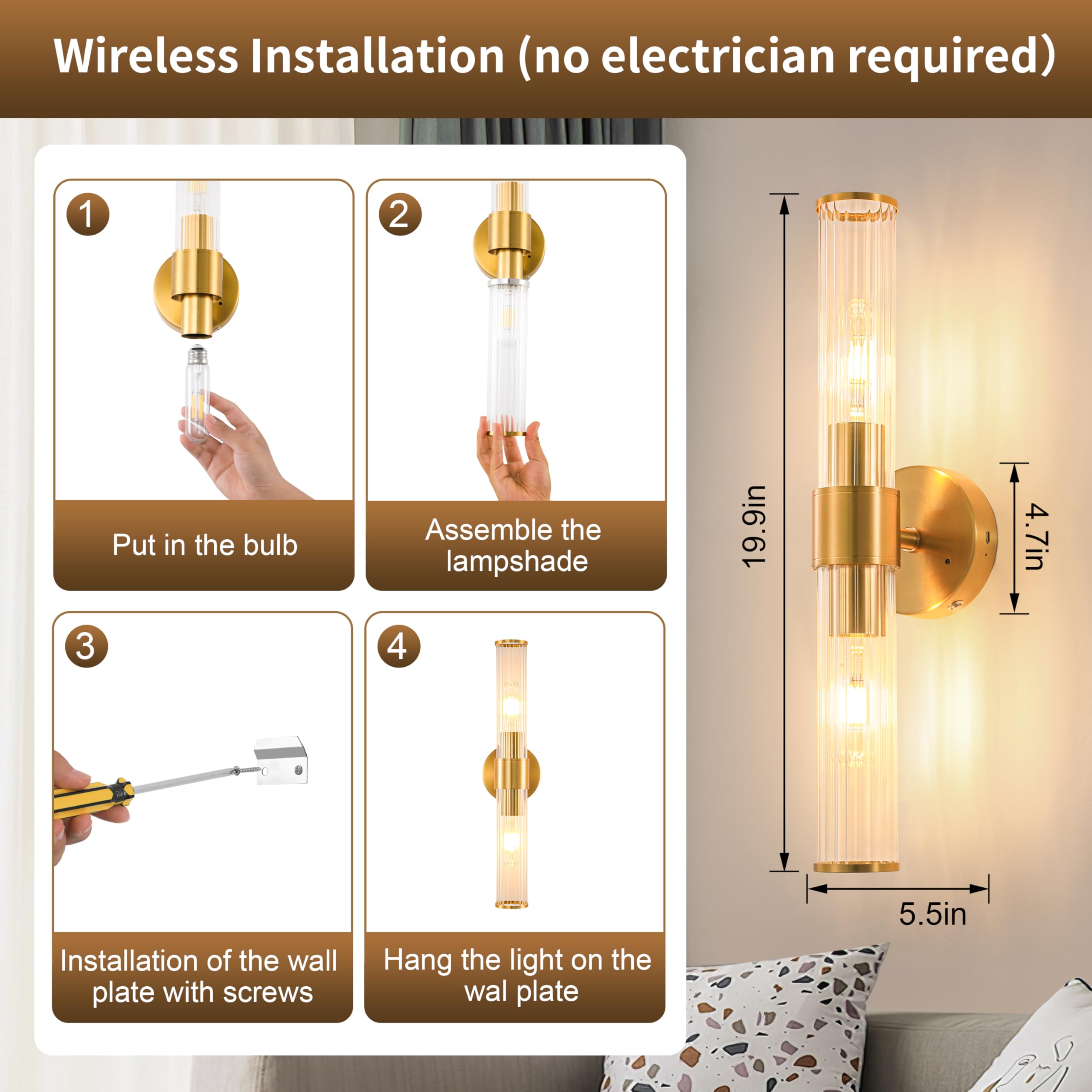 Gold Battery Operated Wall Sconces Set of 2, Rechargeable Wall Lights with Dimmable Remote Control, 20 Modern Sconces Wall Decor