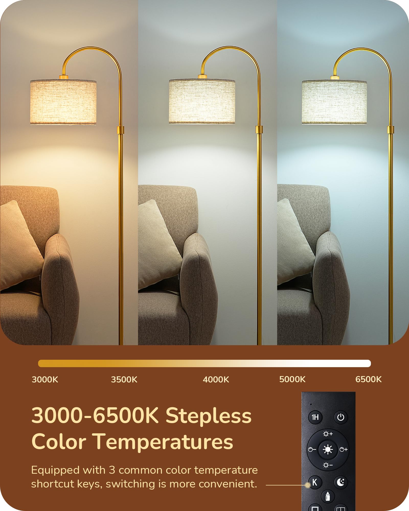 Edishine Modern Arc Floor Lamp With Remote, Dimmable Gold Floor Lamp, 3000K-6500K Color Temperatures, Tall Pole Reading Floor La