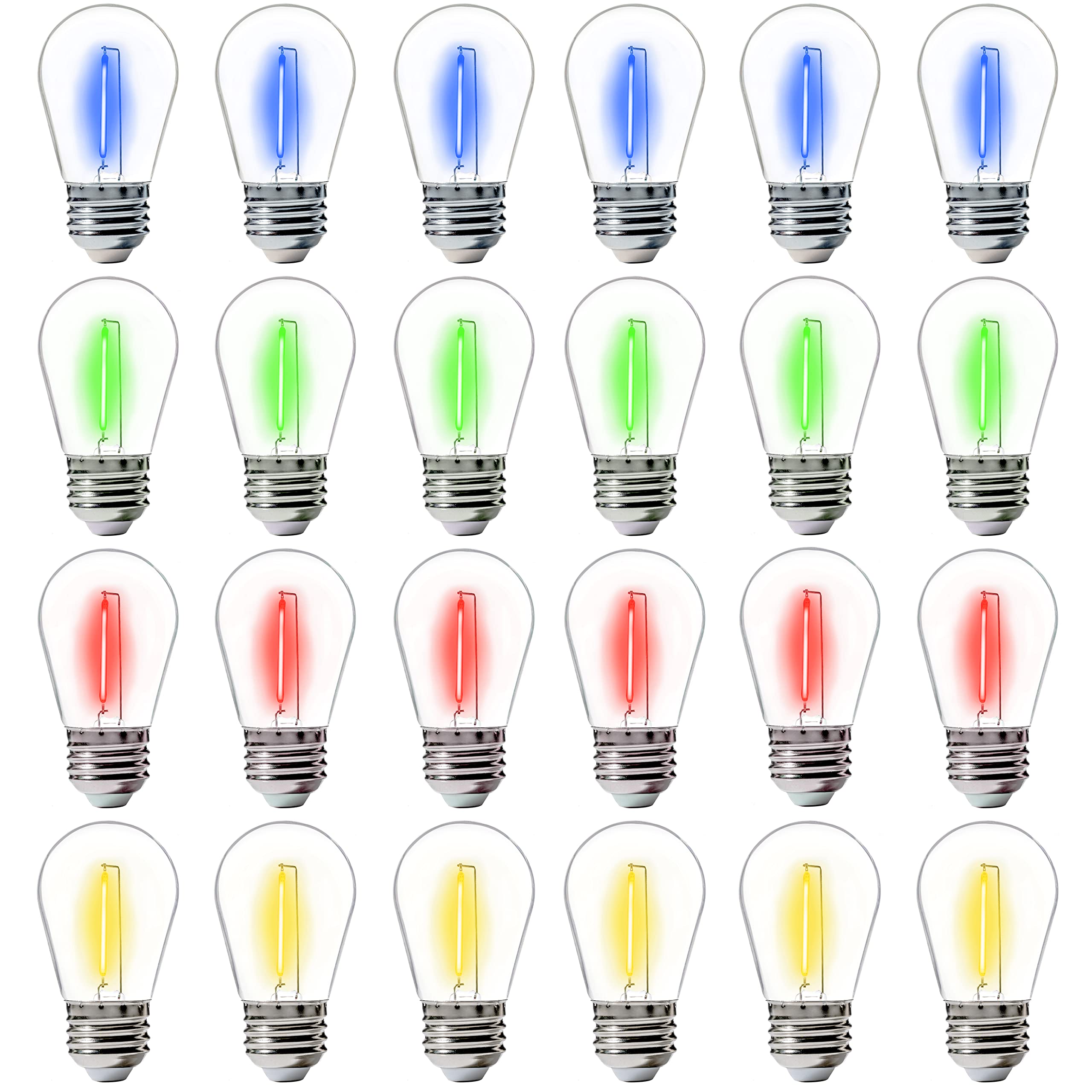 FLSNT 24-Pack S14 LED String Light Bulbs, Waterproof E26 Base, Multi-colored, Model DSS1405FIL-RGBW-24