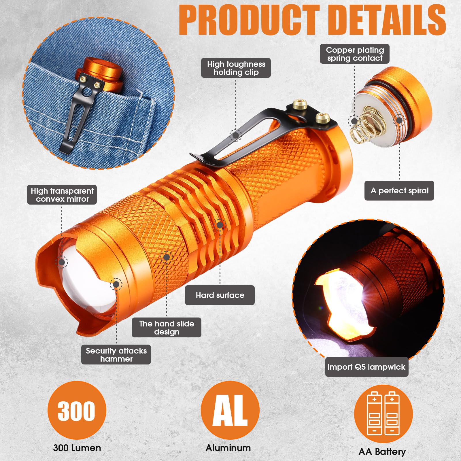 Fumete LED Flashlight Mini Tactical Torch, 3 Modes, Water Resistant, 3.58 x 0.98 inches, Orange, Aluminum Alloy