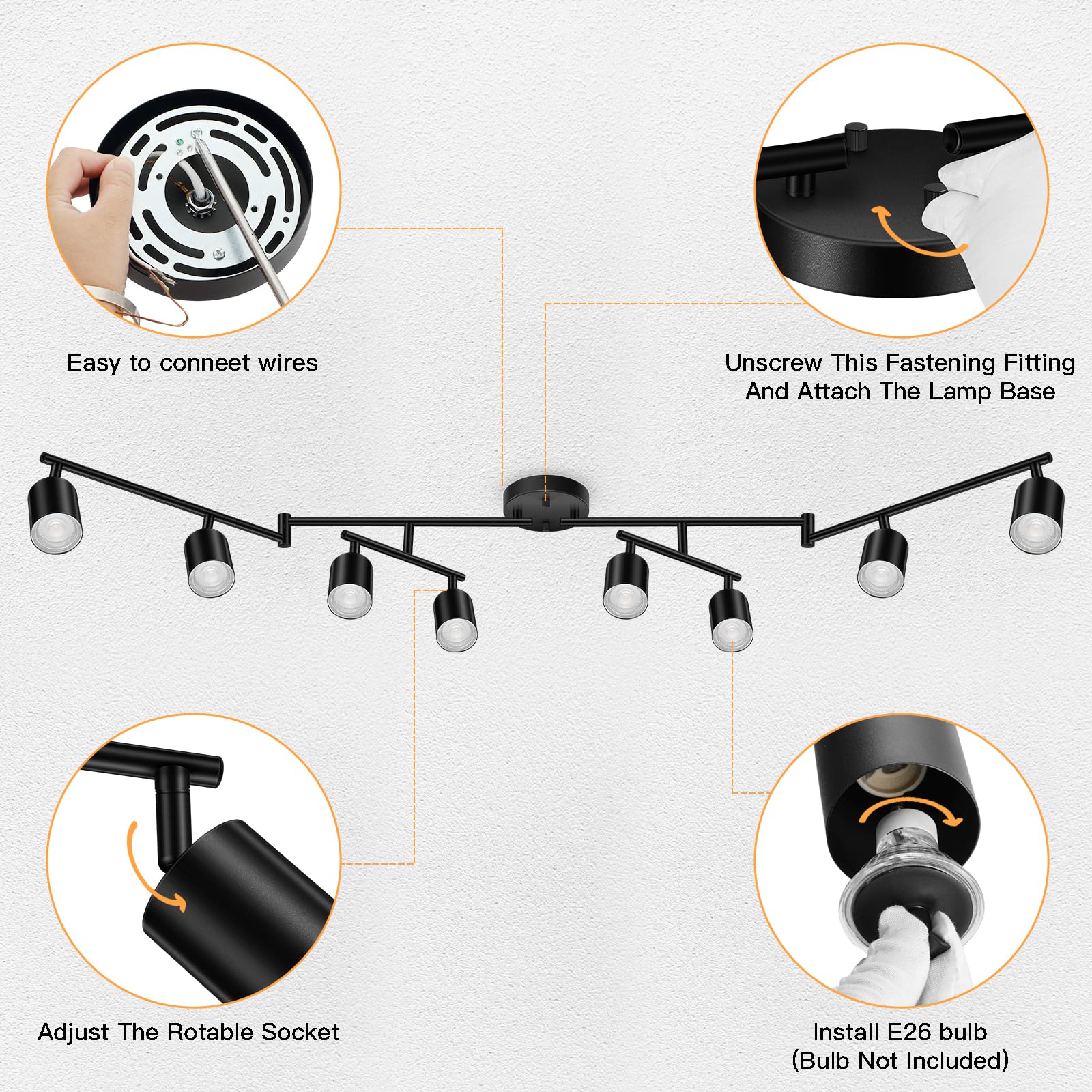 Black Track Lighting Fixture Ceiling, Modern Track Light Fixtures Kitchen, 8-Light Rotatable Led Track Lights, Semi Flush Wall S