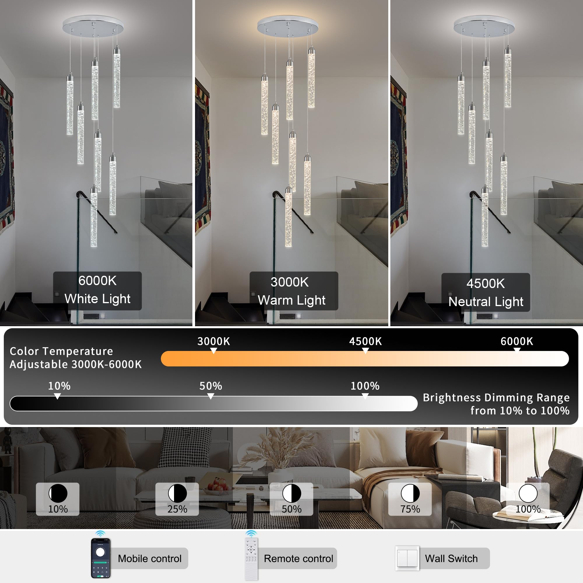 7-Lights High Ceiling Crystal Staircase Chandelier Chrome Pendant Lights Modern Spiral Raindrop Dimmable LED Bubble Cluster Ceil