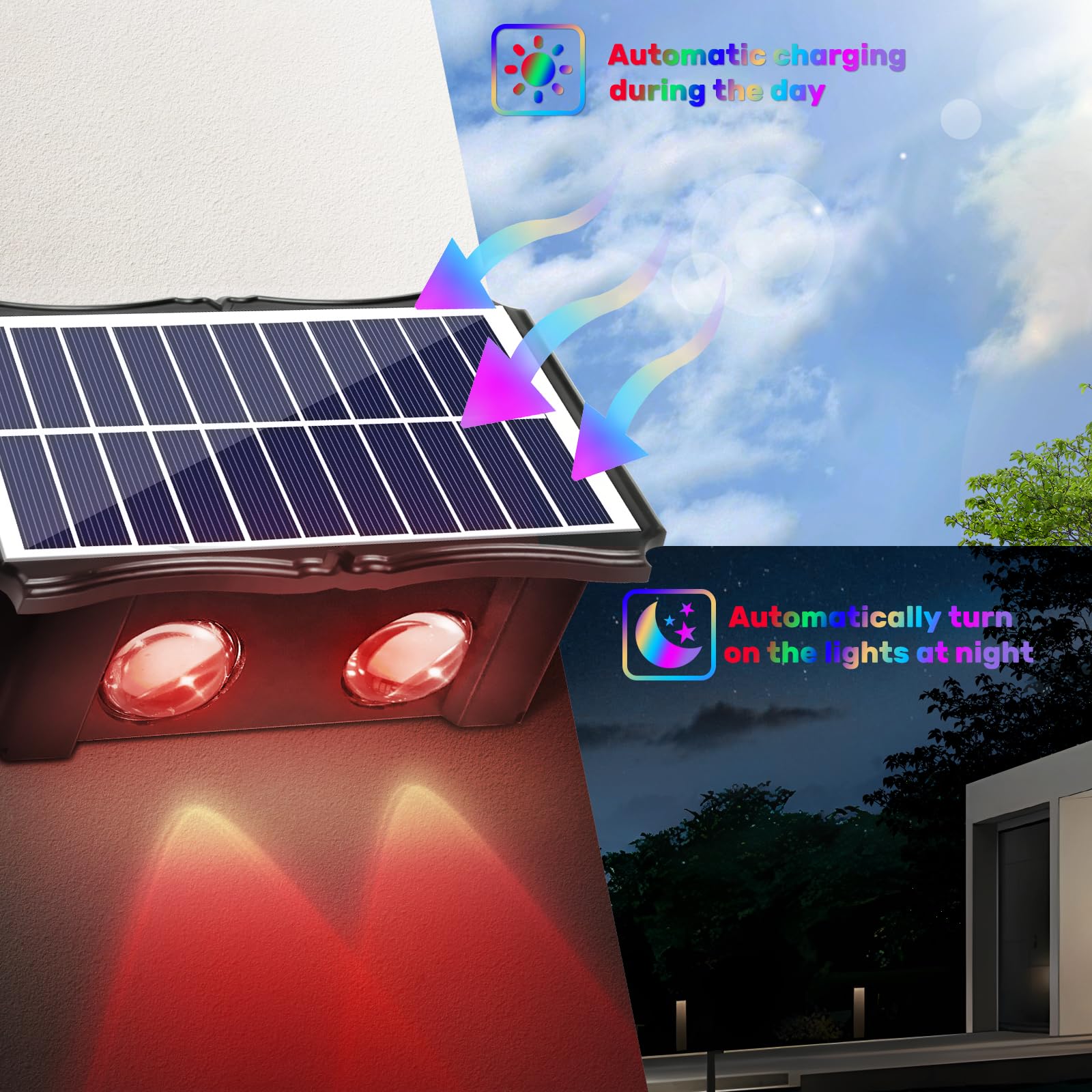 Wonyo 4Led Multi-Color Solar Wall Lights, Up And Down Lighting Solar Outdoor Light Waterproof Ip65, Solar Fence Light For Yard Garden Garage Walkway Porch Christmas Decorations (4 Pack)