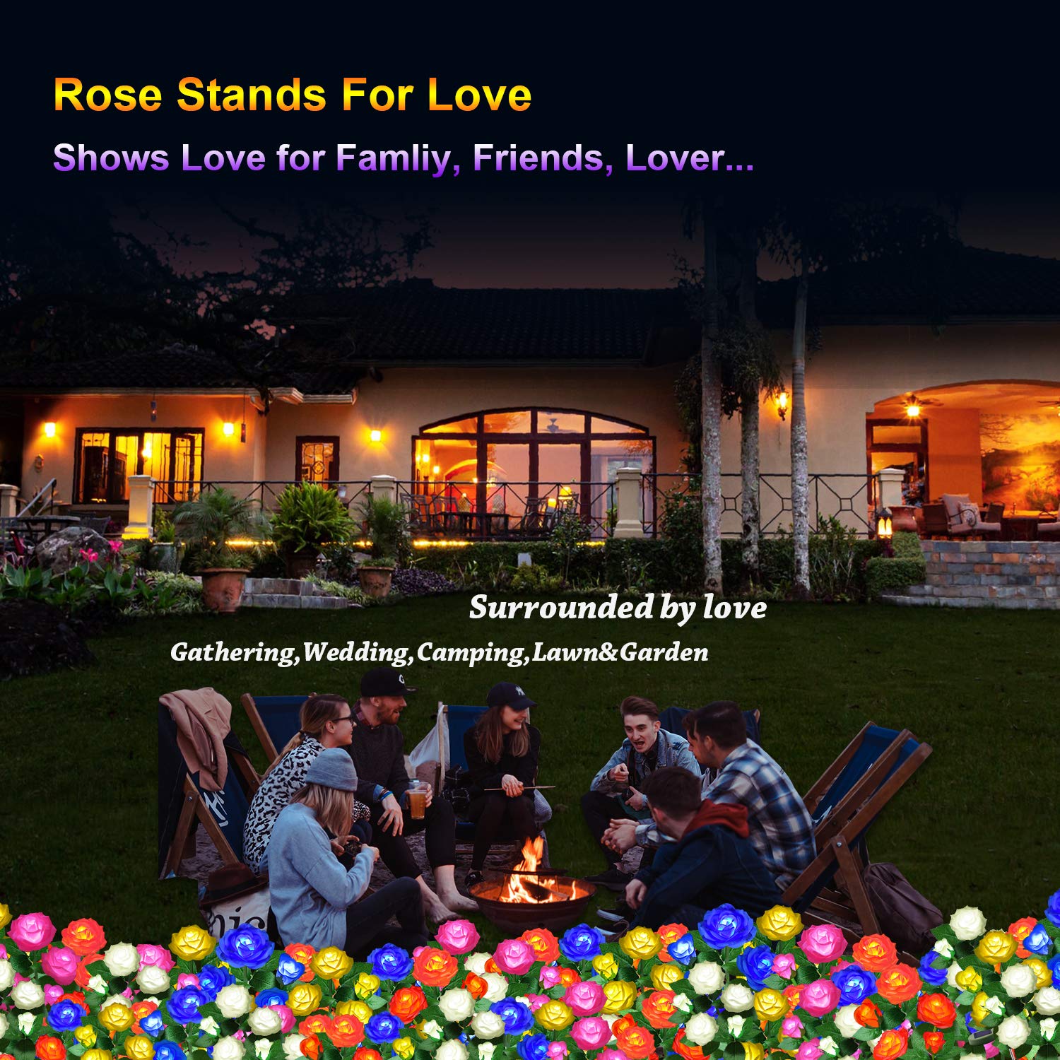 YWYWLED Solar Flower Lights - LED Waterproof Stake Lights with 5 Roses, Pink, 1 Pack, Model 2023-5-12