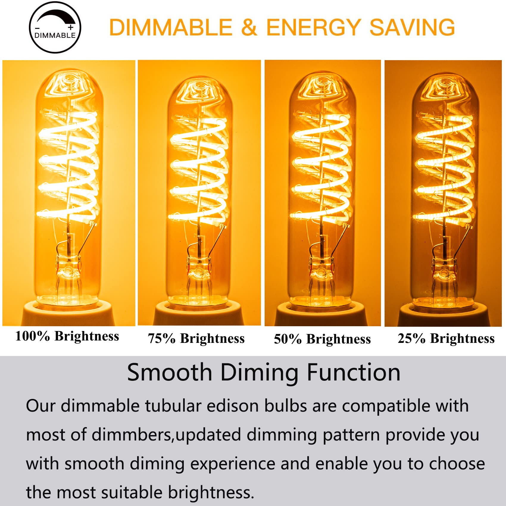 T10 Led Bulbs 40 Watt Equivalent 4W Dimmable Edison Tubular Light Bulb E26 Medium Base 2700K Warm White, T10 Vintage Amber Glass