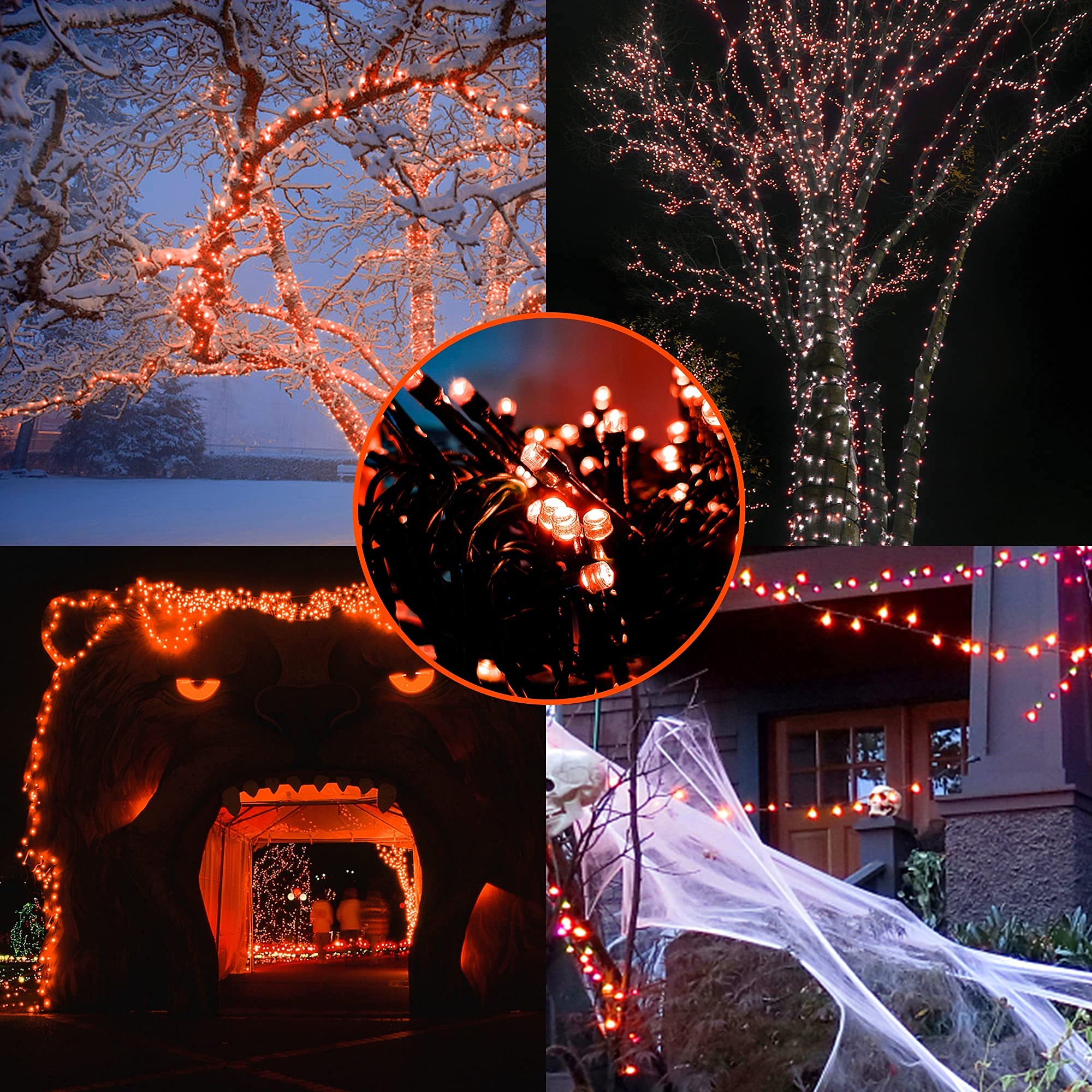 Twinkle Star 33Ft 100 Led Halloween String Lights Orange, Plug In Black Wire Fairy Lights 8 Modes Waterproof Mini Light For Outd