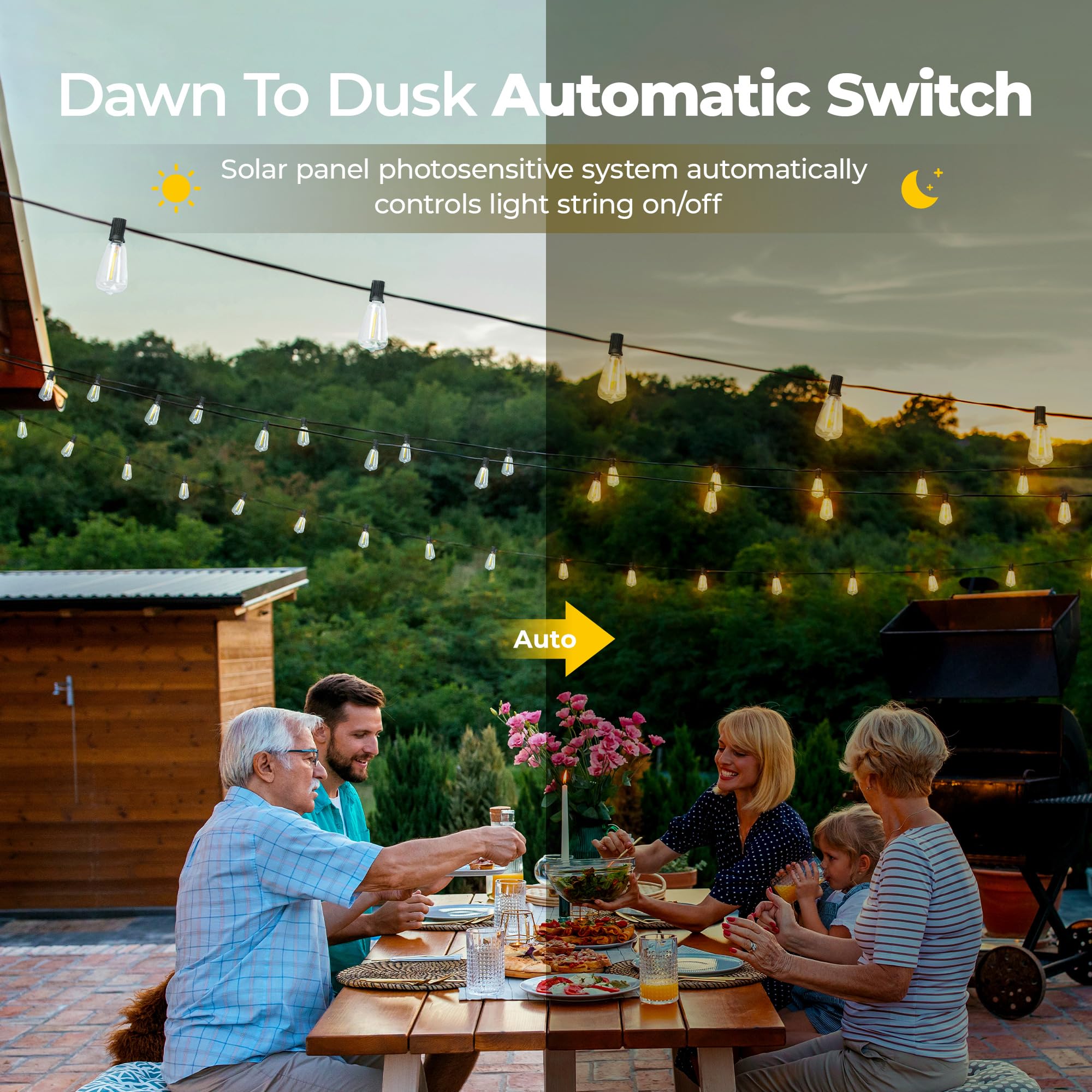 Guntsous Solar String Lights Outdoor: 100Ft Solar Powered Outside Ip65 Waterproof Hanging Warm White Led St38 50 Bulbs For Patio