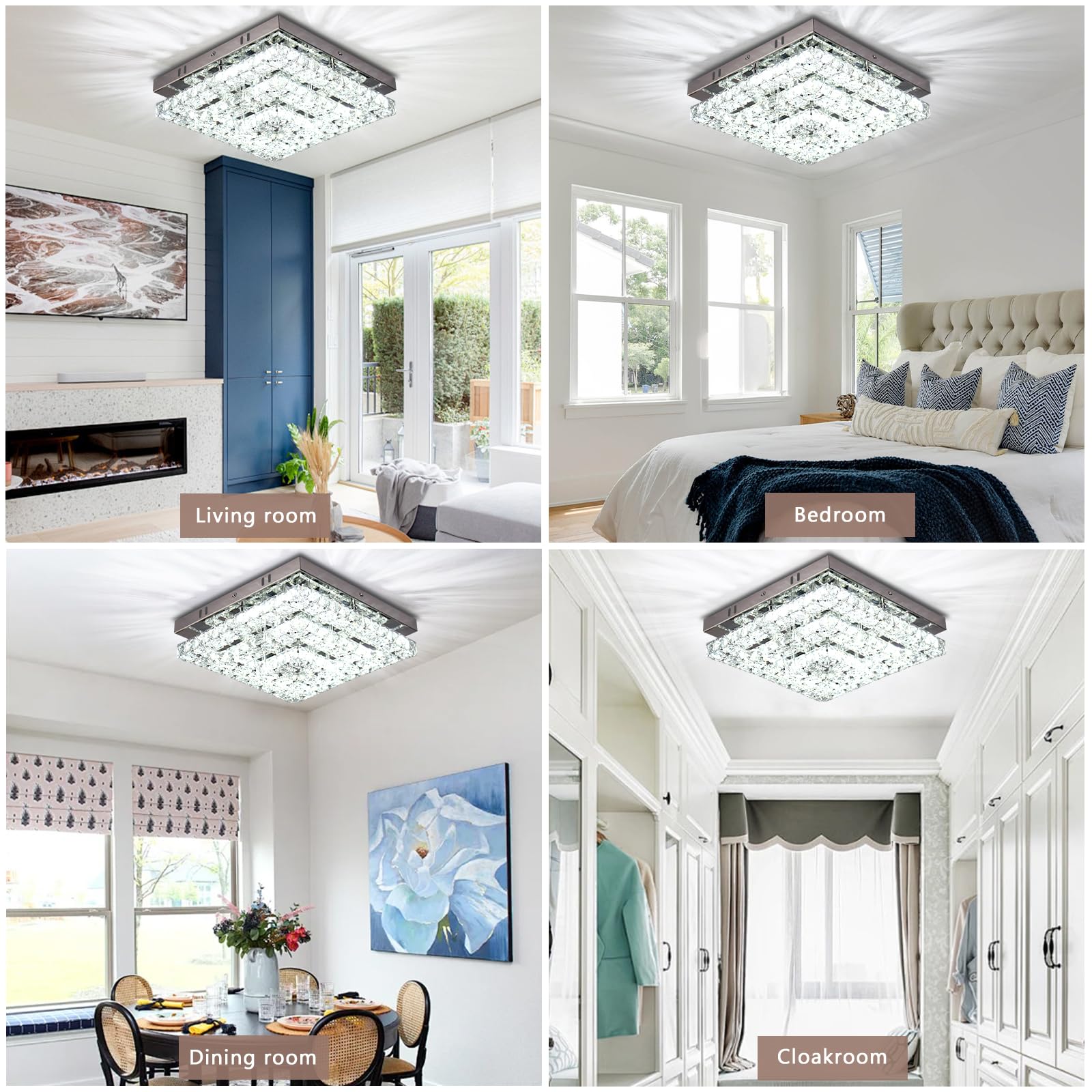 Cainjiazh LED Crystal Flush Mount Chandelier 11.8in Square Ceiling Light Cool White Stainless Steel for Bedrooms Hallway Kitchen Office