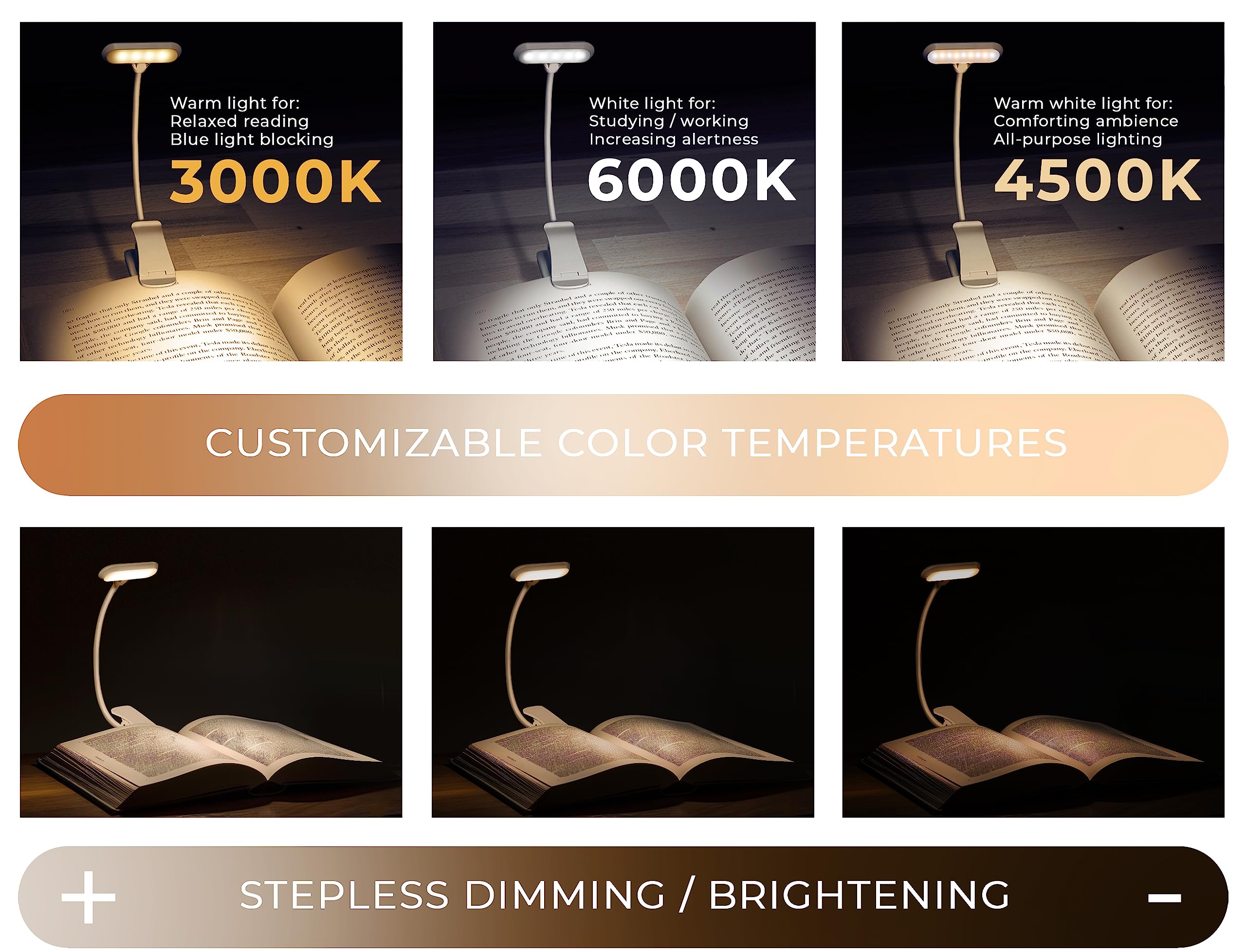VViViD LEDLit Book Light - Rechargeable, Stepless Dimmable, Flexible Clip, White, Flex Lamp