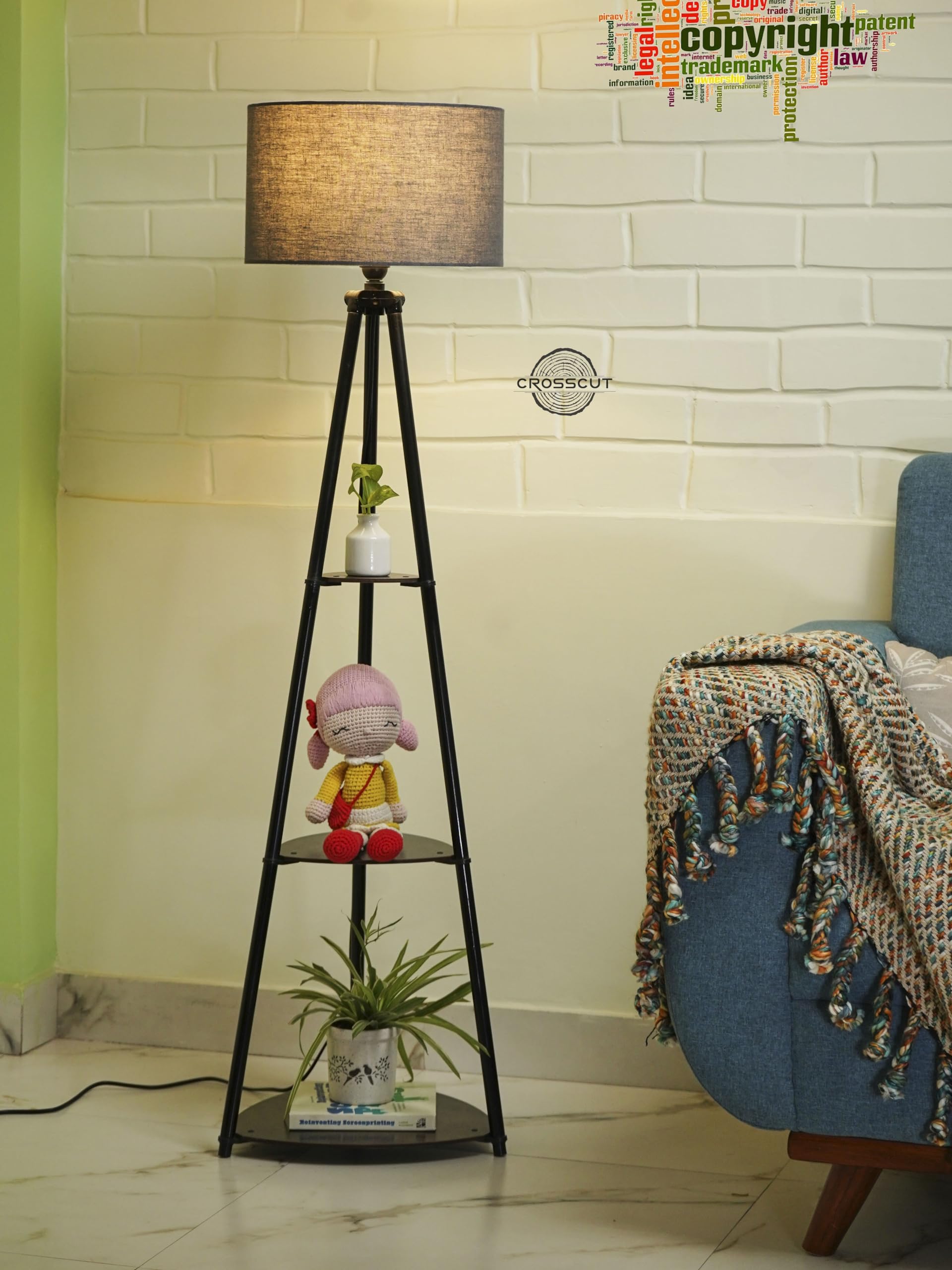 Crosscut Furniture Metal Floor Lamp with 3 shelves (Gothic Grey)