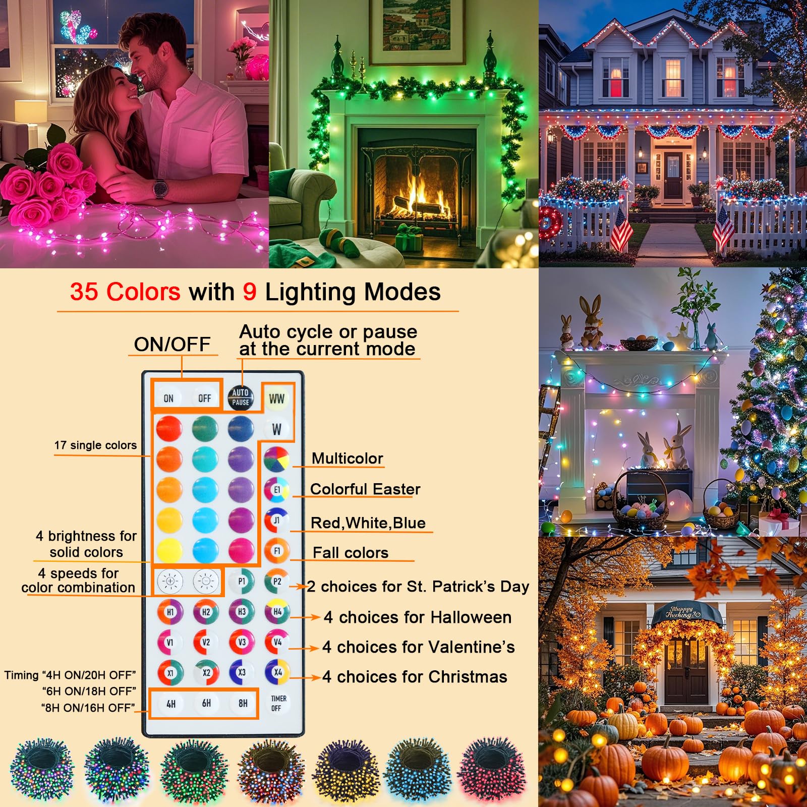Color Changing Christmas String Lights With Remote  35 Colors 66Ft 200Led String Lights Outdoor Decoration  Connectable Fairy Lights Plug In For Xmas Tree Thanksgiving Christmas Decor  Green Wire