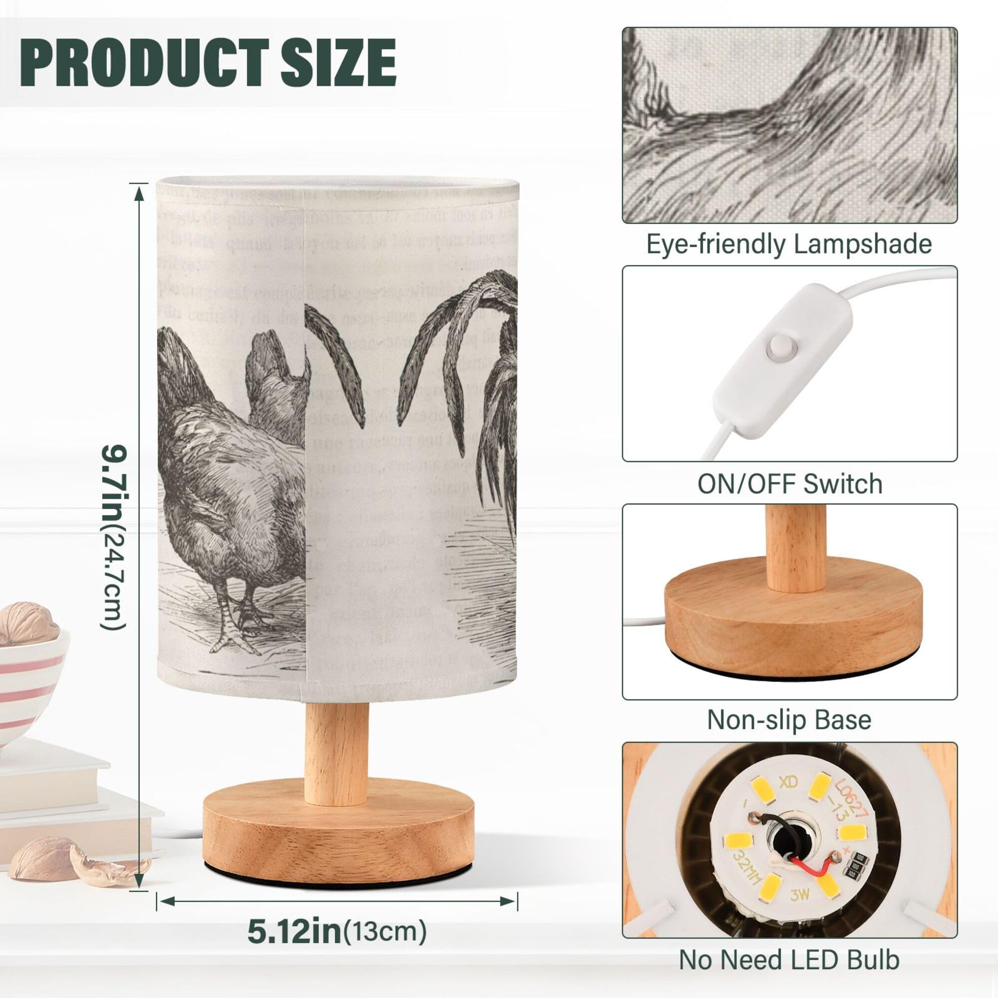 Yyzzh Table Lamp Retro Vintage Rooster Chicken Nightstand Lamp With Wood Base Fabric Lamp Shade Bedside Desk Lamp For Living Roo