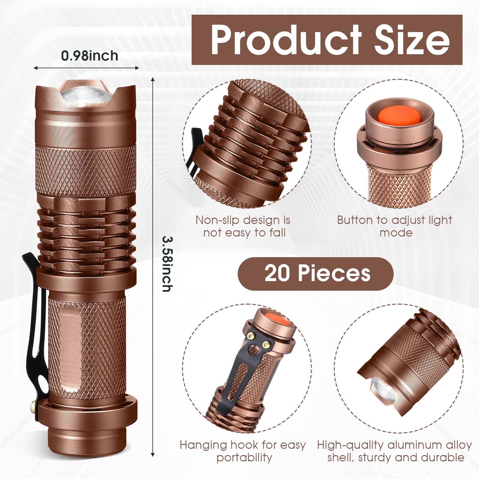 Fumete 20-Piece LED Flashlight - Mini Tactical Torch, Water Resistant, Adjustable Focus, Brown, Model QA-Fumete-3343