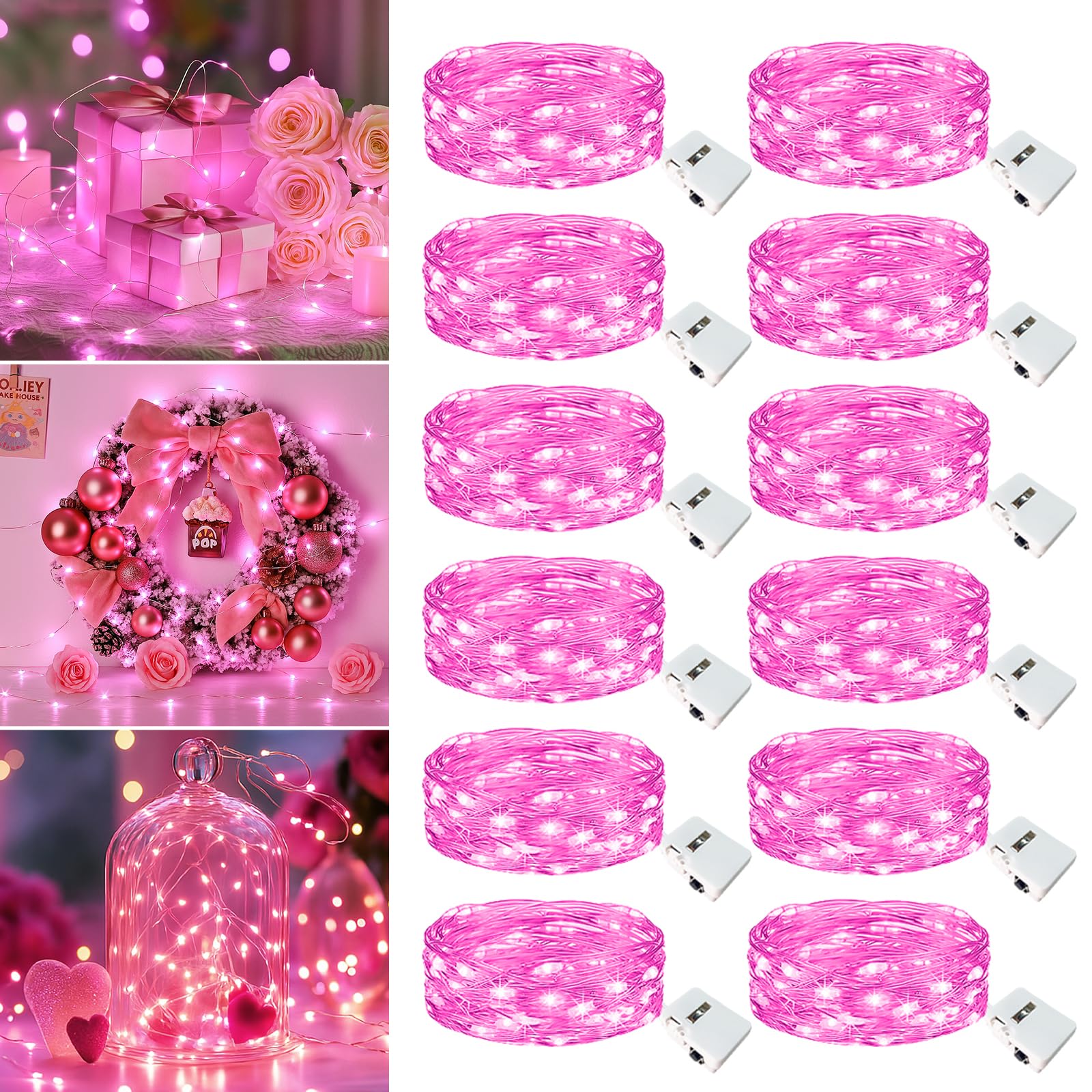 12 Pack Fairy Lights Battery Operated - 7ft 20 Led Twinkle Lights 3 Modes  Bulk Mini String Lights Waterproof for Mason Jars Vases DIY Party Wedding Decoration Christmas - Pink