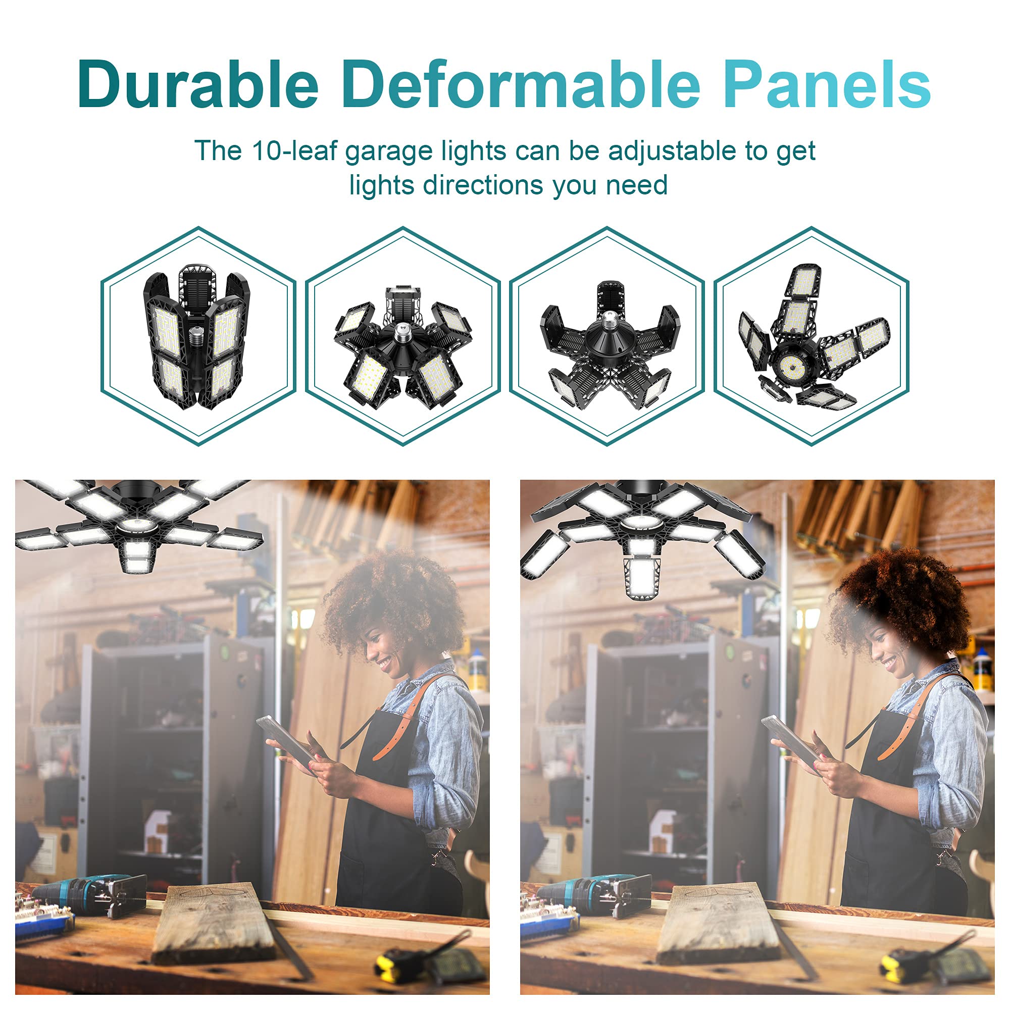 Nexillumi 4-Pack LED Garage Light 180W 18000LM Deformable Ceiling Lighting E26/E27 Black Polycarbonate