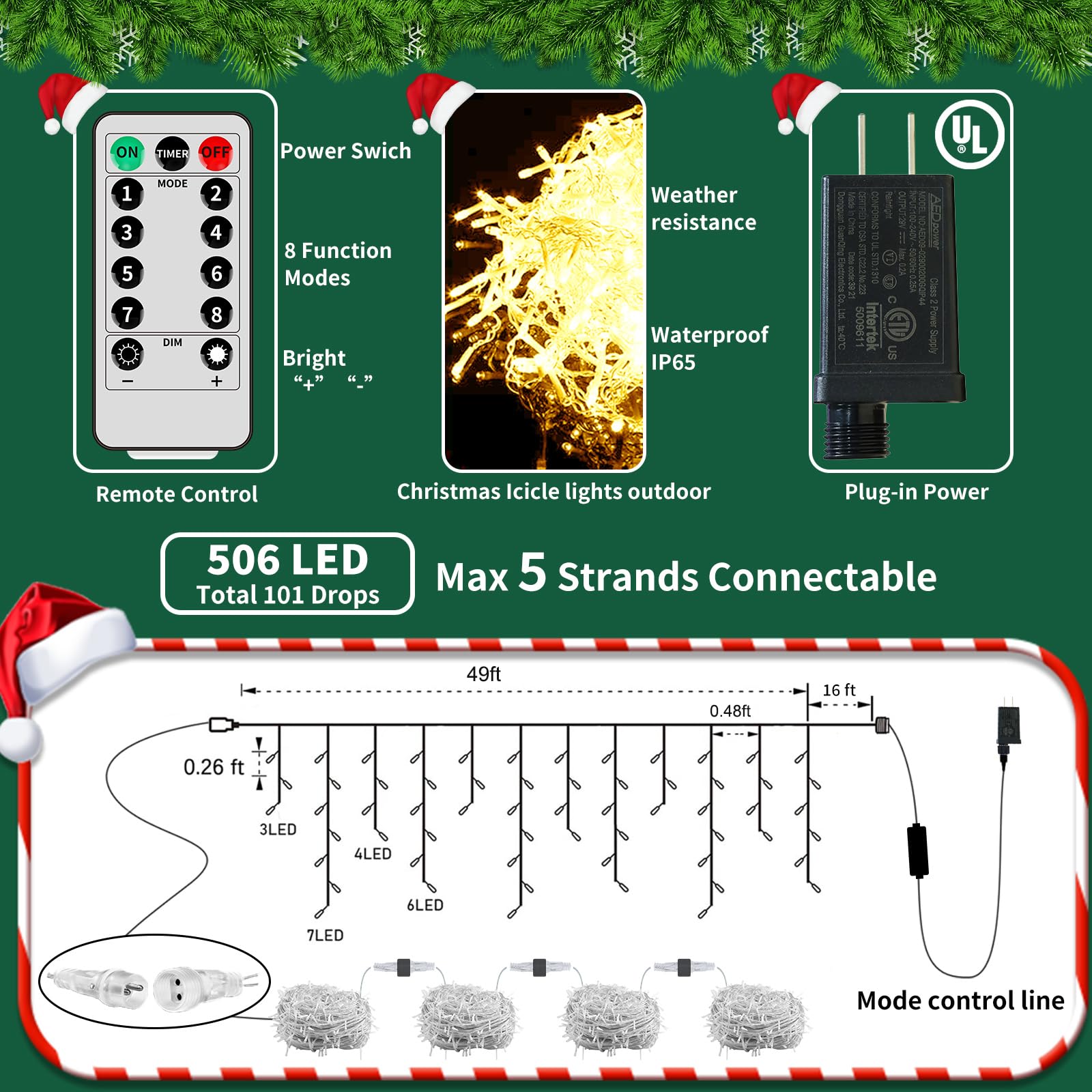 Icicle Christmas Lights Waterproof - Multi Color 65Ft 506 Led Icicle Lights For Outside Decorations With Remote, Plug-In Icicle