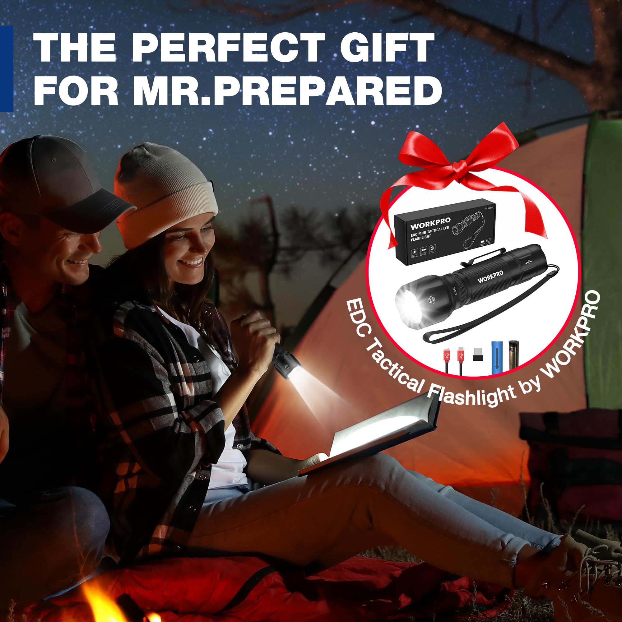 WORKPRO 1200LM Tactical Flashlight - Rechargeable EDC Mini, 7 Light Modes, Zoomable, Black, Model W139025, Includes Lithium & Alkaline Battery