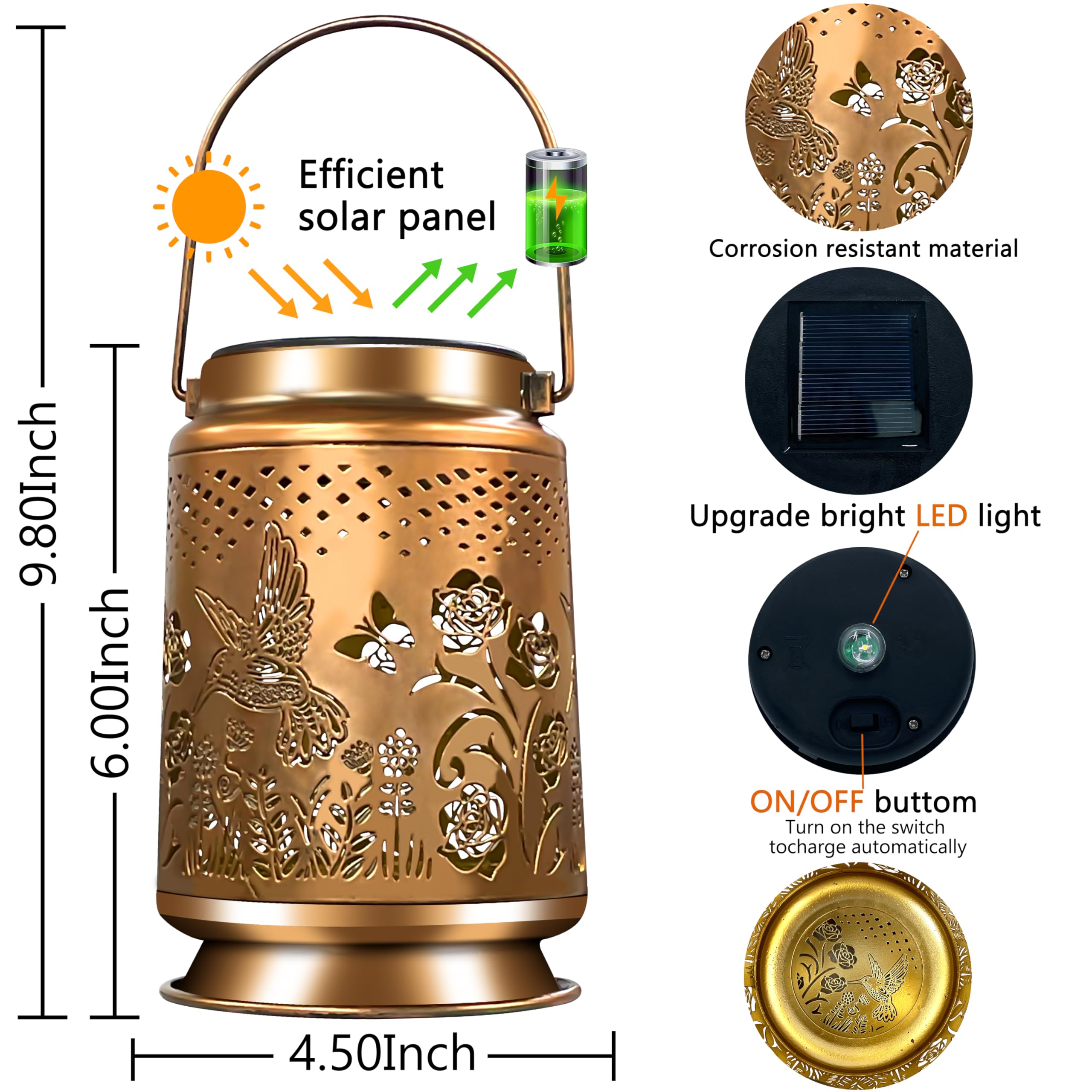 Ky&Bosam Vintage Solar Lanterns Outdoor Waterproof - Rose & Hummingbird Metal Garden Decor Ip65 Rustproof Camping Lights For Pat