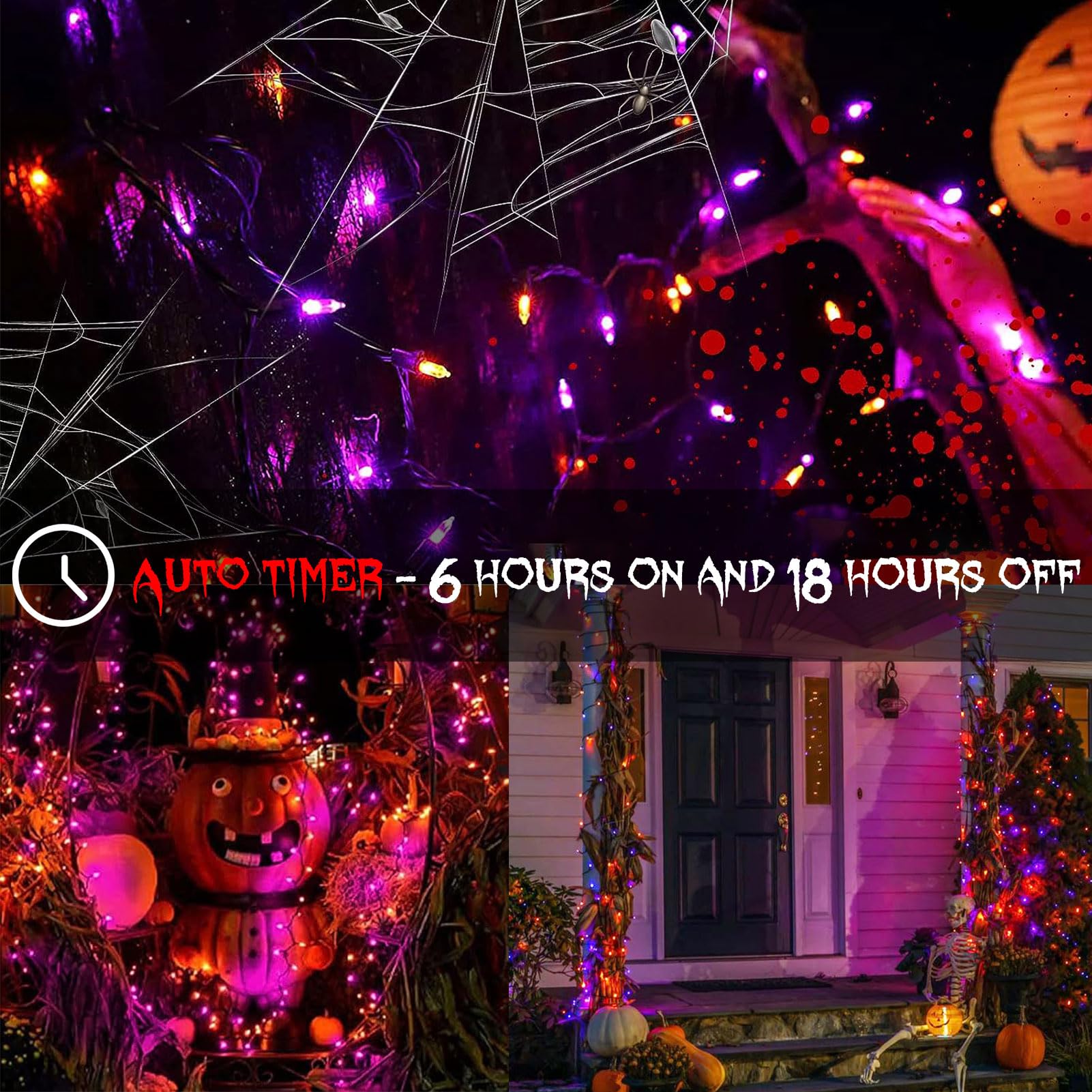 Orange Purple Halloween Lights Battery Operated, 2 Pack Total 46Ft 140 Led Mini String Lights With Timer 8 Modes Twinkle Lights