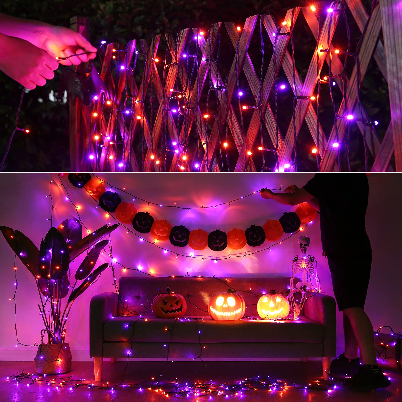Flacchi Battery Operated String Lights, 67 ft, 200 LED, Waterproof, 8 Modes, Orange Purple, Halloween Decorations