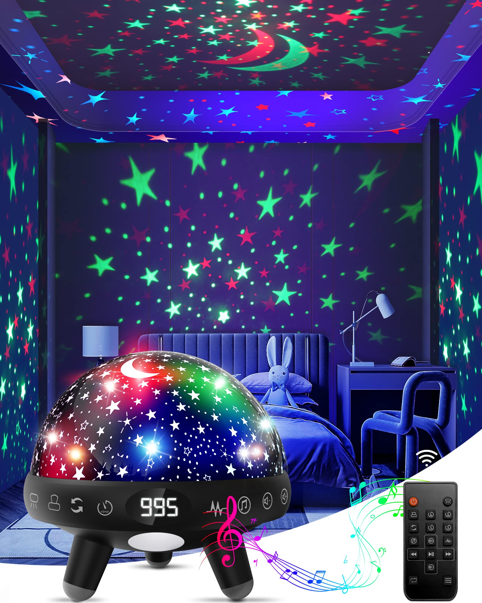 Yachance Kids Night Light Projector With Music, Remote, Timer - Black, Soothing Sounds For Sleep