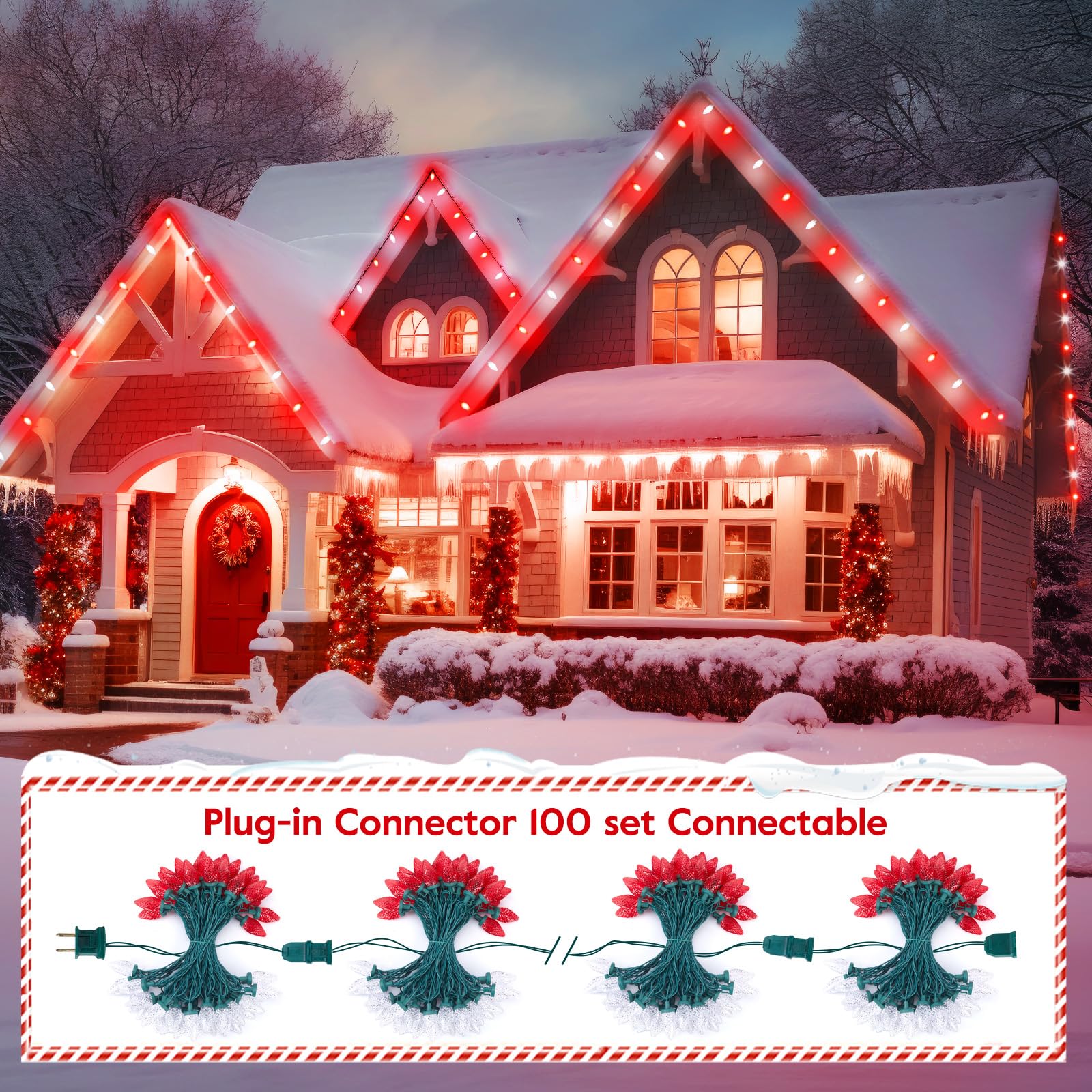 Brightown C9 LED Christmas String Lights, 33ft 50 Waterproof Lights, Red and Warm White, Green Wire for Indoor/Outdoor Decor