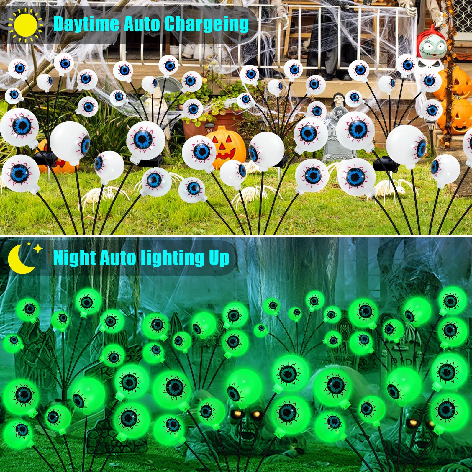 Nbqq Solar Halloween Decorations, 4 Pack 24 Led Spooky Eyeball Lights, Green Eyeball Swaying Firefly Lights,Waterproof Solar Halloween Path Lights For Yard Garden Lawn Party Decor