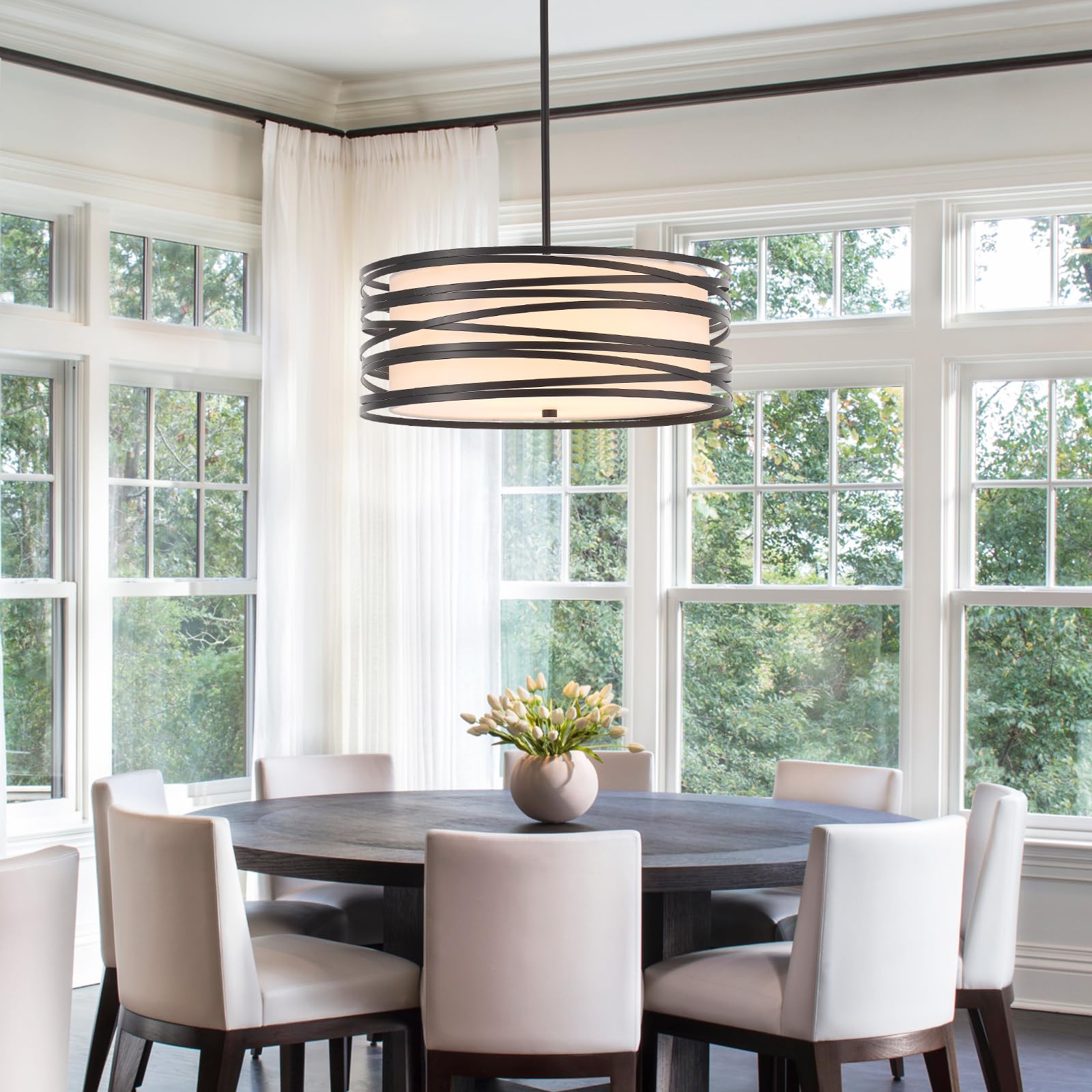 Yomecoo 19.7 Drum Chandelier Light Fixture Vintage Modern 5-Lights Black Chandelier With Linen Lampshade Farmhouse Rustic Drum C
