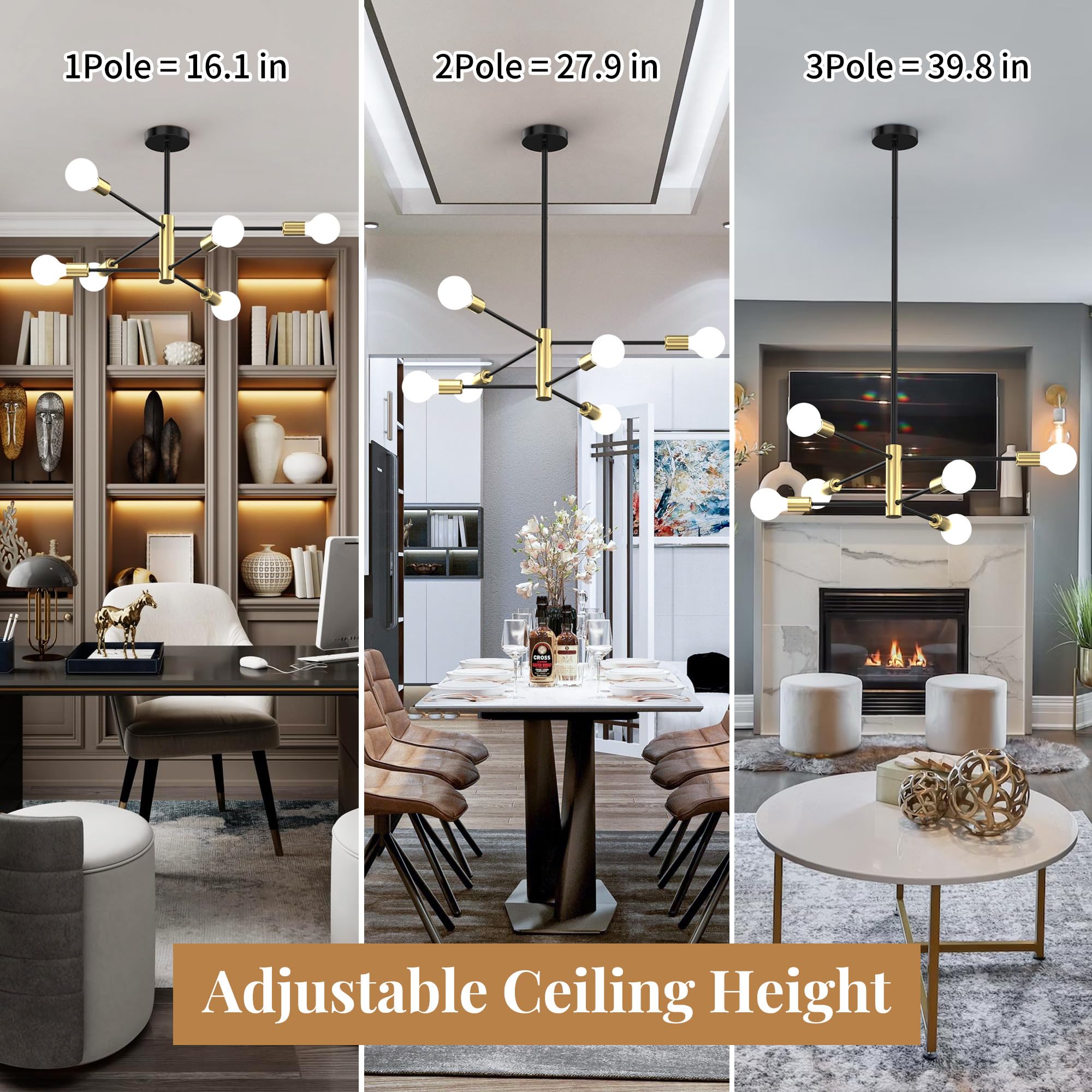 Phaosio Modern Sputnik Chandeliers For Dining Room, Height Adjustable Semi Flush Black And Gold Chandelier Ceiling Mount Light F