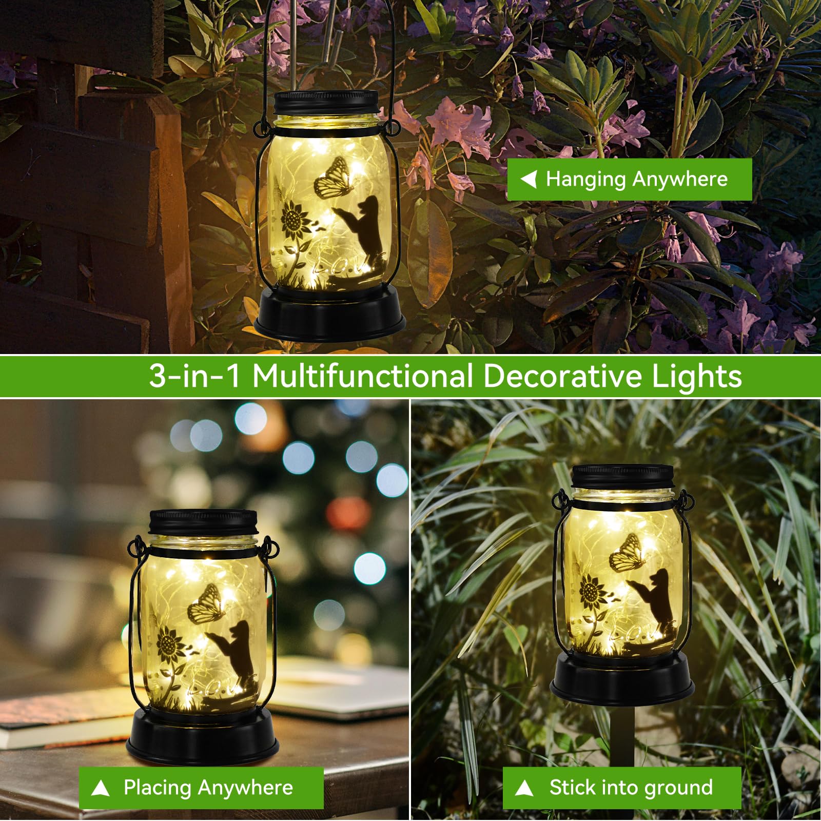Styleonme Decor Mobile Outdoor Solar Lanterns, Solar Waterproof Dog Lights With Butterfly, Gifts For Women Men Dog Lovers Gifts,