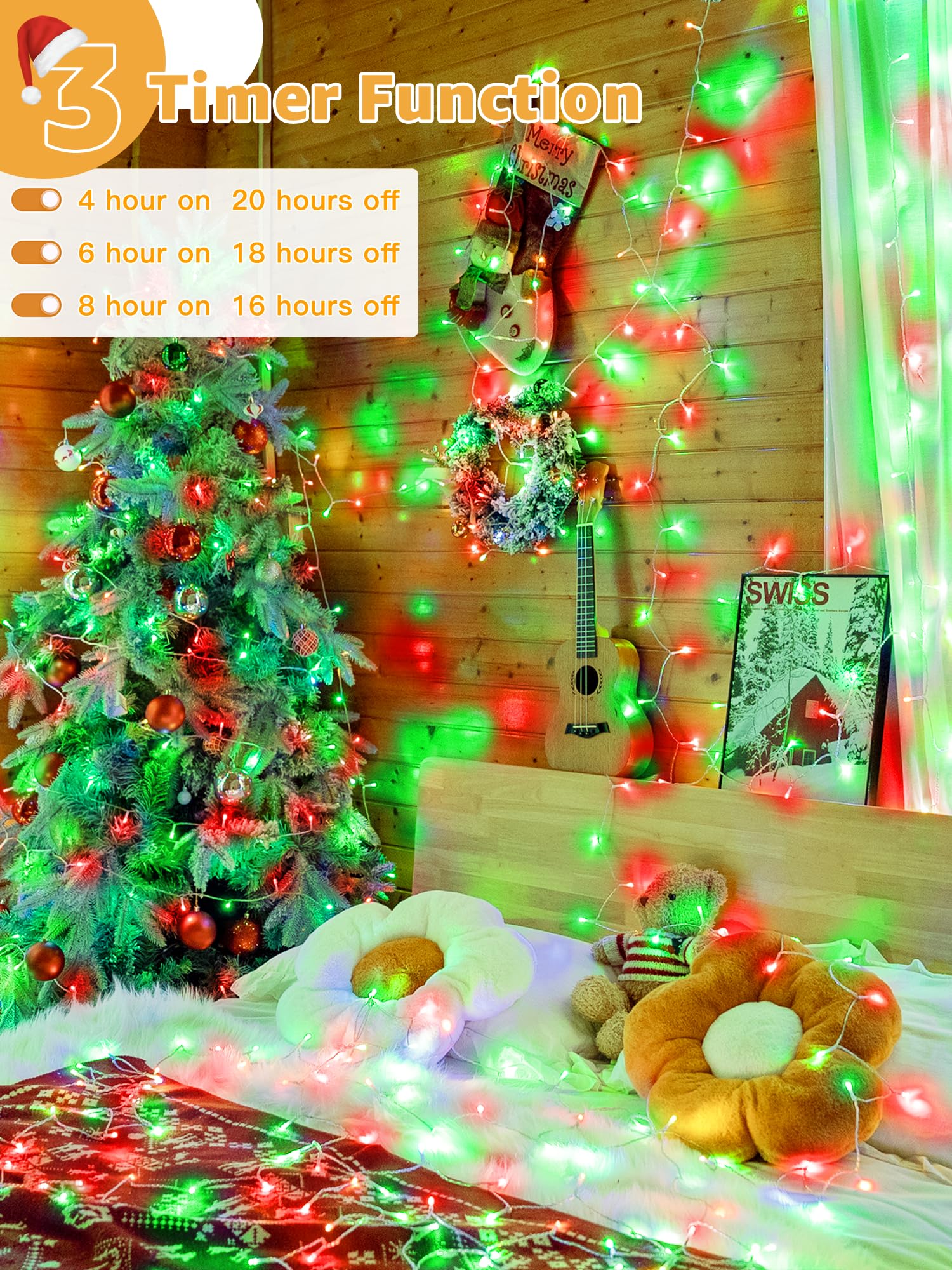 Guhope 600 LED Christmas String Lights - 98FT Waterproof Remote & Timer, Dimmable Fairy Lights for Indoor/Outdoor Red and Green Decorations