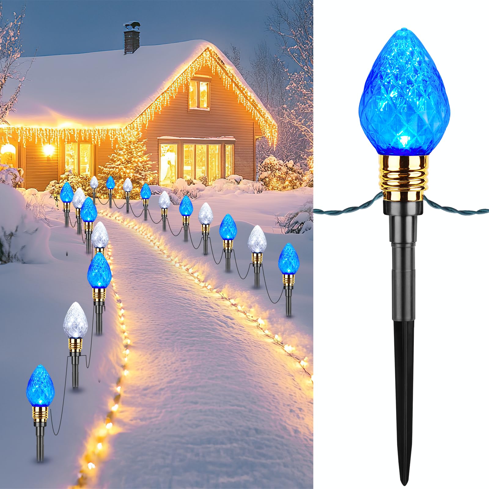 Brightown Christmas Pathway Lights - 2 Pack, 20 LED, 34.8 Feet, Blue & Pure White, GY-C-50.6-U-B1, Outdoor Yard Decorations