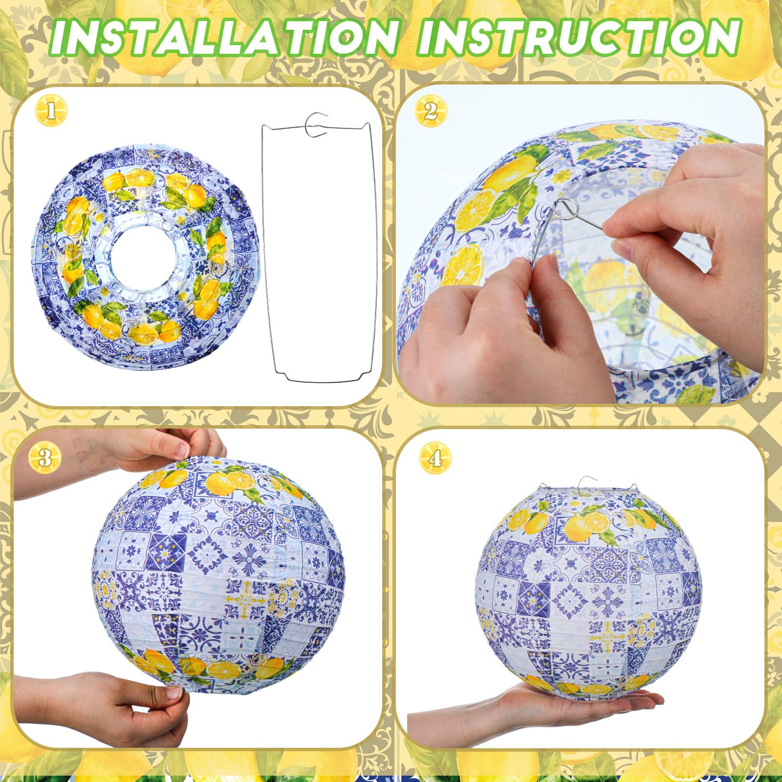 Retisee 12 Pcs 10'' Capri Lemon Pattern Paper Lantern Party Supplies For Bridal Shower Wedding Amalfi Coast Blue Yellow Tiles Me