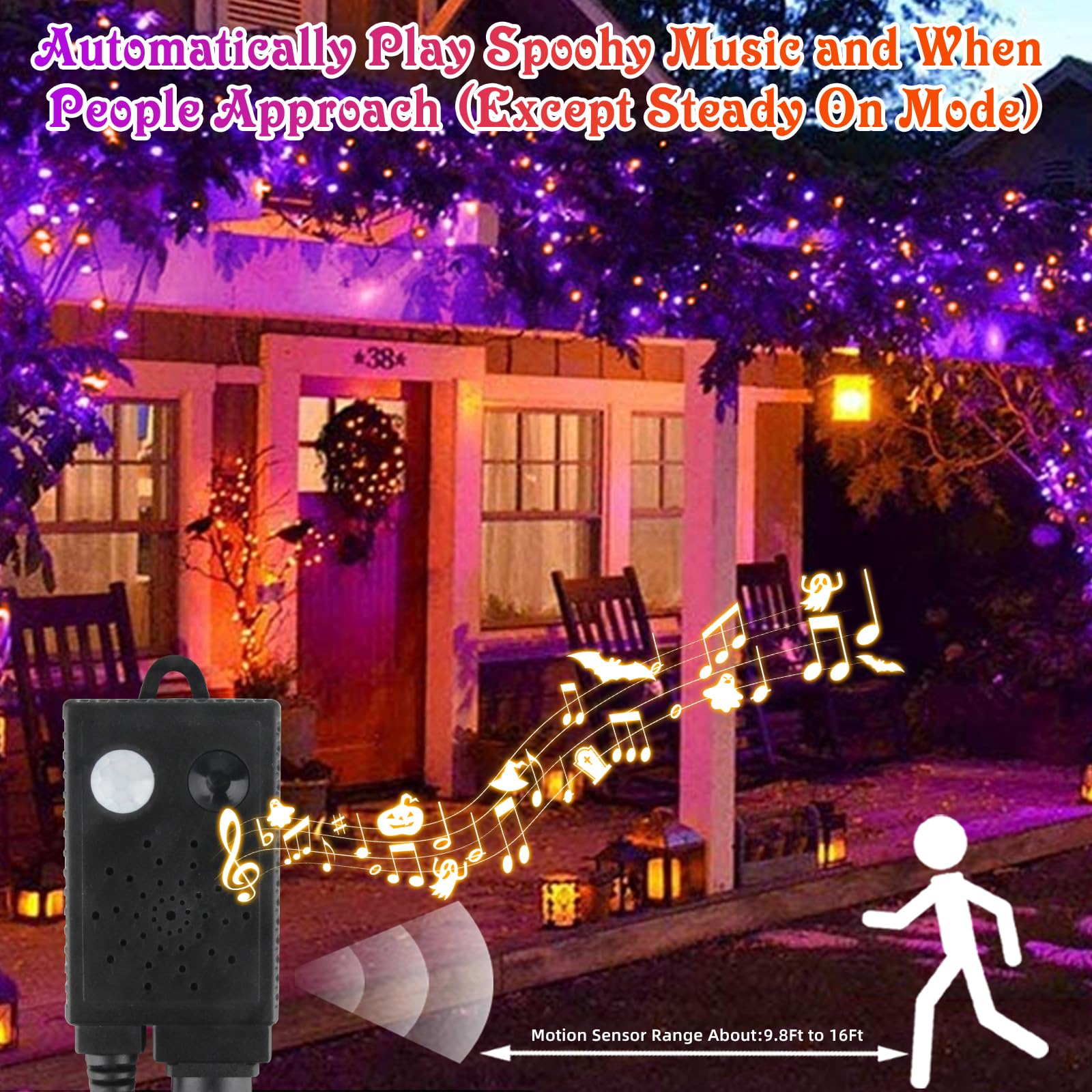 VTECHOLOGY 300 LED Halloween String Lights, Motion Sensor, 105ft, Purple & Orange, Model QL300IE, Copper Material