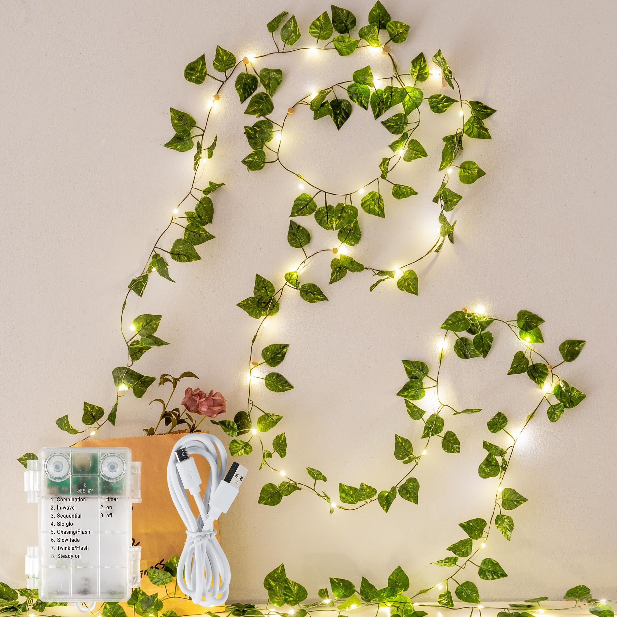 HEYFUNi Vines with Lights  23 Ft 73 Led Faux Pothos Vines with Fairy Lights USB/Battery Operated  Leaf String Lights for Bedroom  Wall  Balcony  Wedding Decor  Warm White