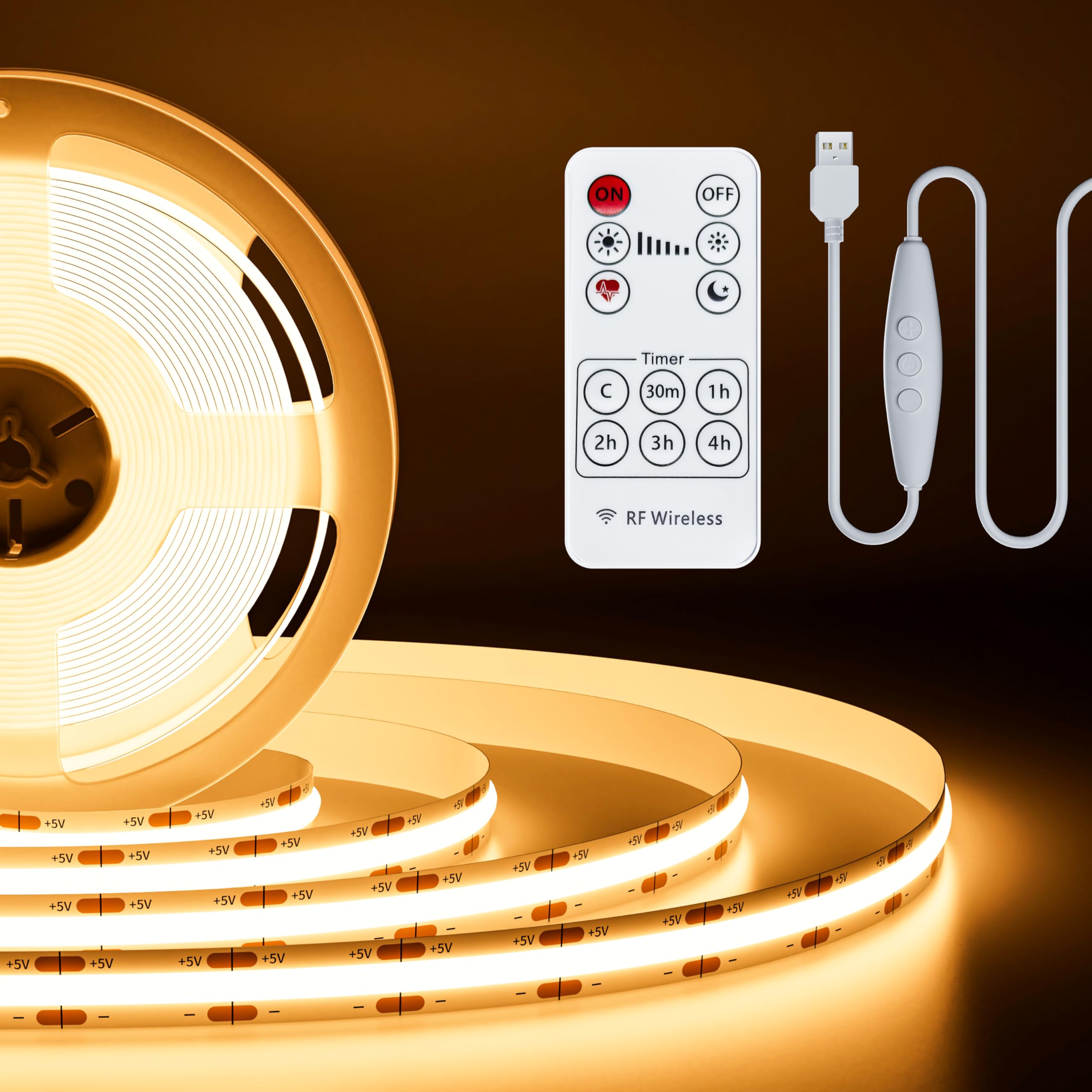PAUTIX 5V USB COB LED Strip Light 6.56ft/2m 1200lm, Dimmable 640LEDs 2700K Warm White CRI90+ with RF Remote TV Backlight,Flexibl