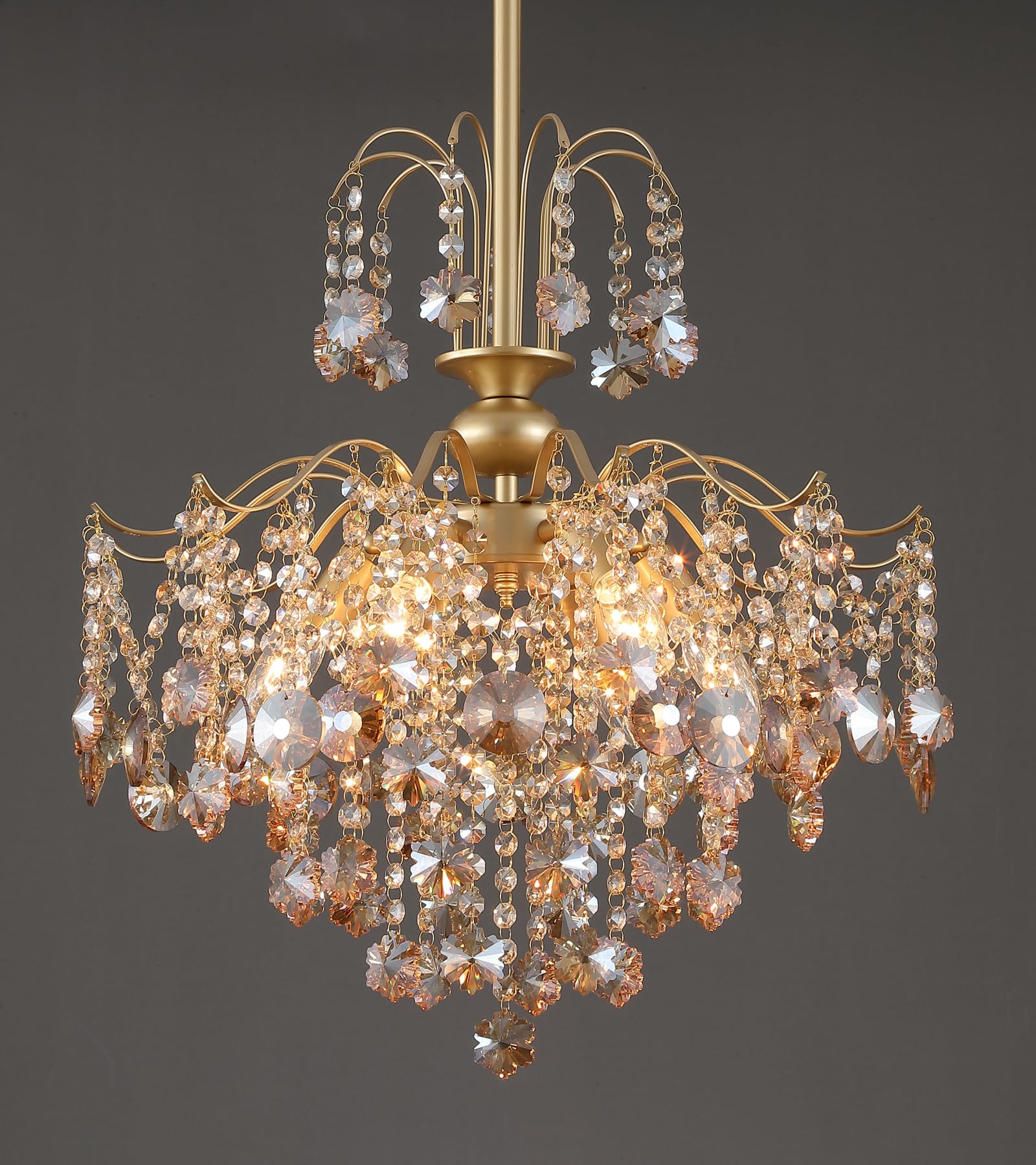 Q&S Modern Gold Crystal Chandelier Amber Crystal Pendant Light 6 Lights for Bedroom Dining Room Entryway Hallway Office Bathroom