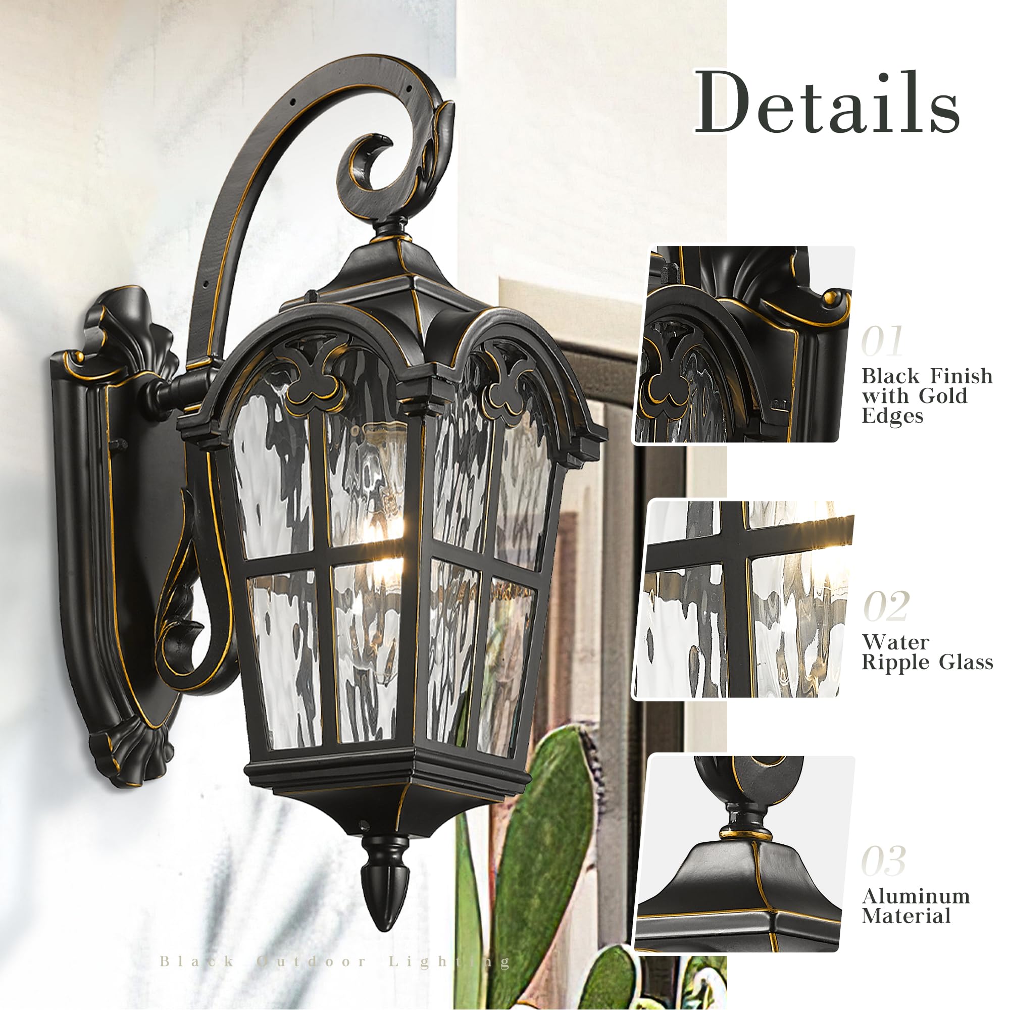 Emliviar Vintage Outdoor Lighting Fixture Wall Sconces With Water Ripple Glass  17.5 Front Porch Wall Lantern  Black Finish With Gold Edges  We215B-Sw Bg