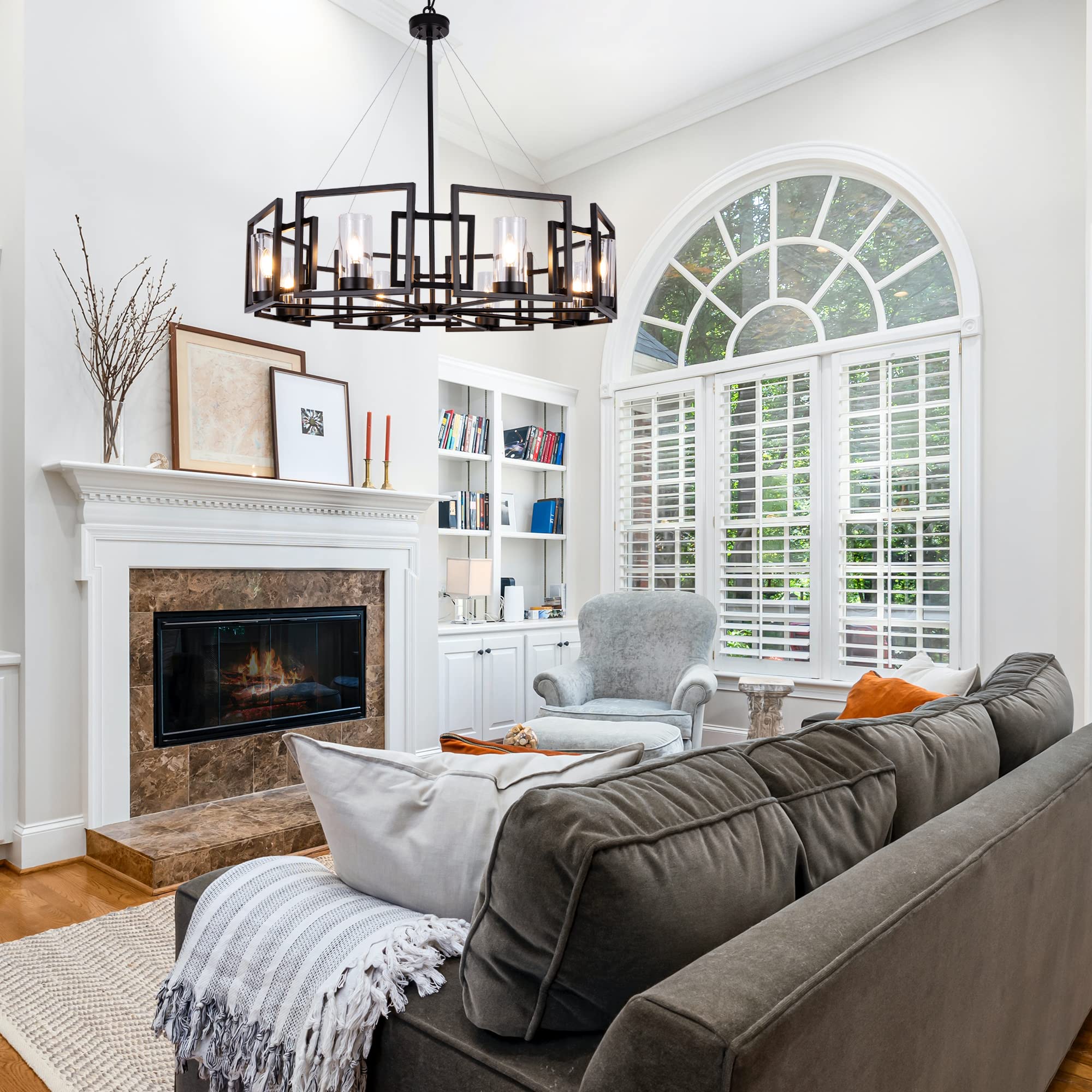TOCHIC 36" Black Farmhouse Chandelier, 8-Light Metal Wagon Wheel Pendant Light Fixture for Dining Room, Living Room, Kitchen, Foyer