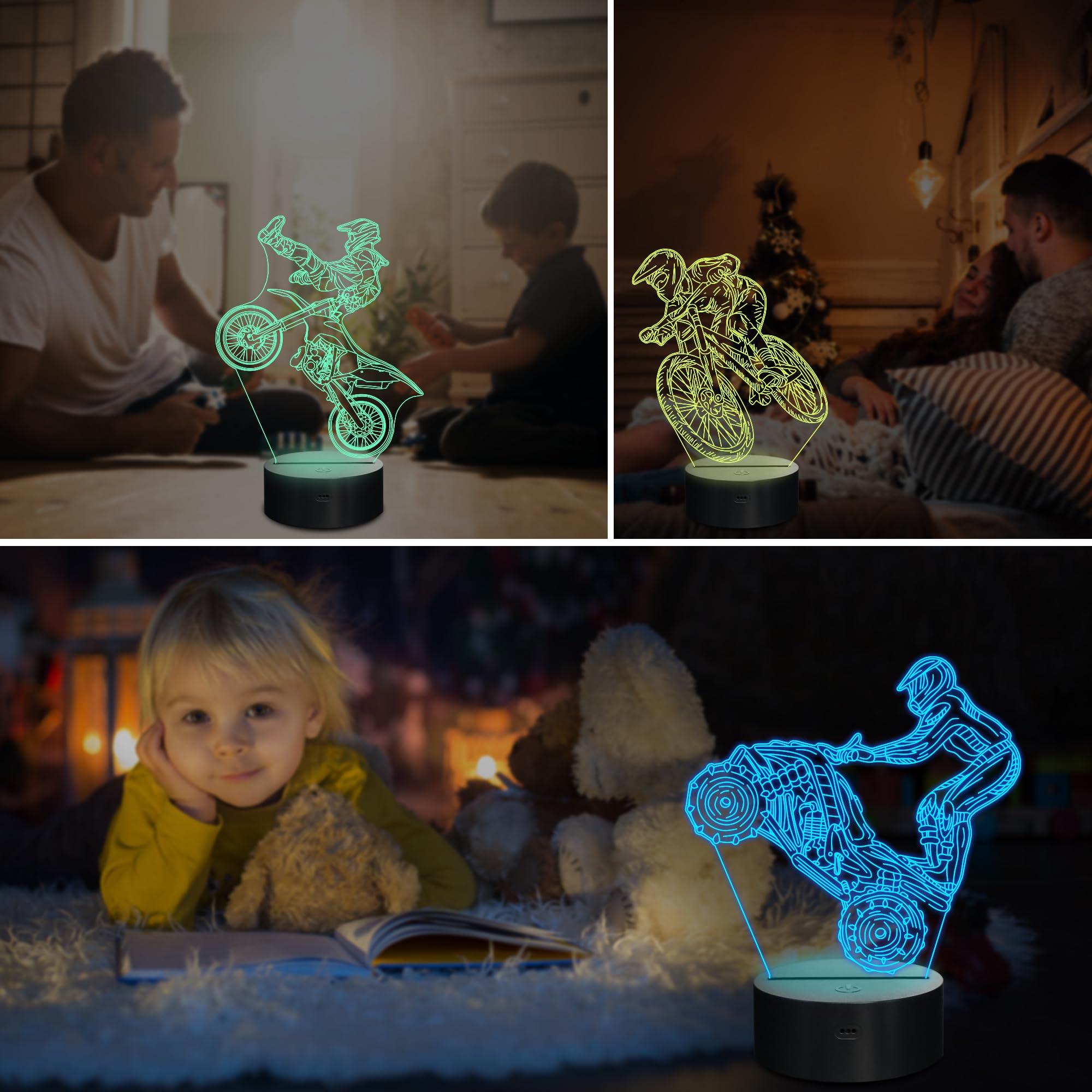 Ammonite Dirt Bike Gifts, 3D Illusion Motocross Night Light For Kids (3 Patterns) With Remote Control & 16 Colors Changing & Dim
