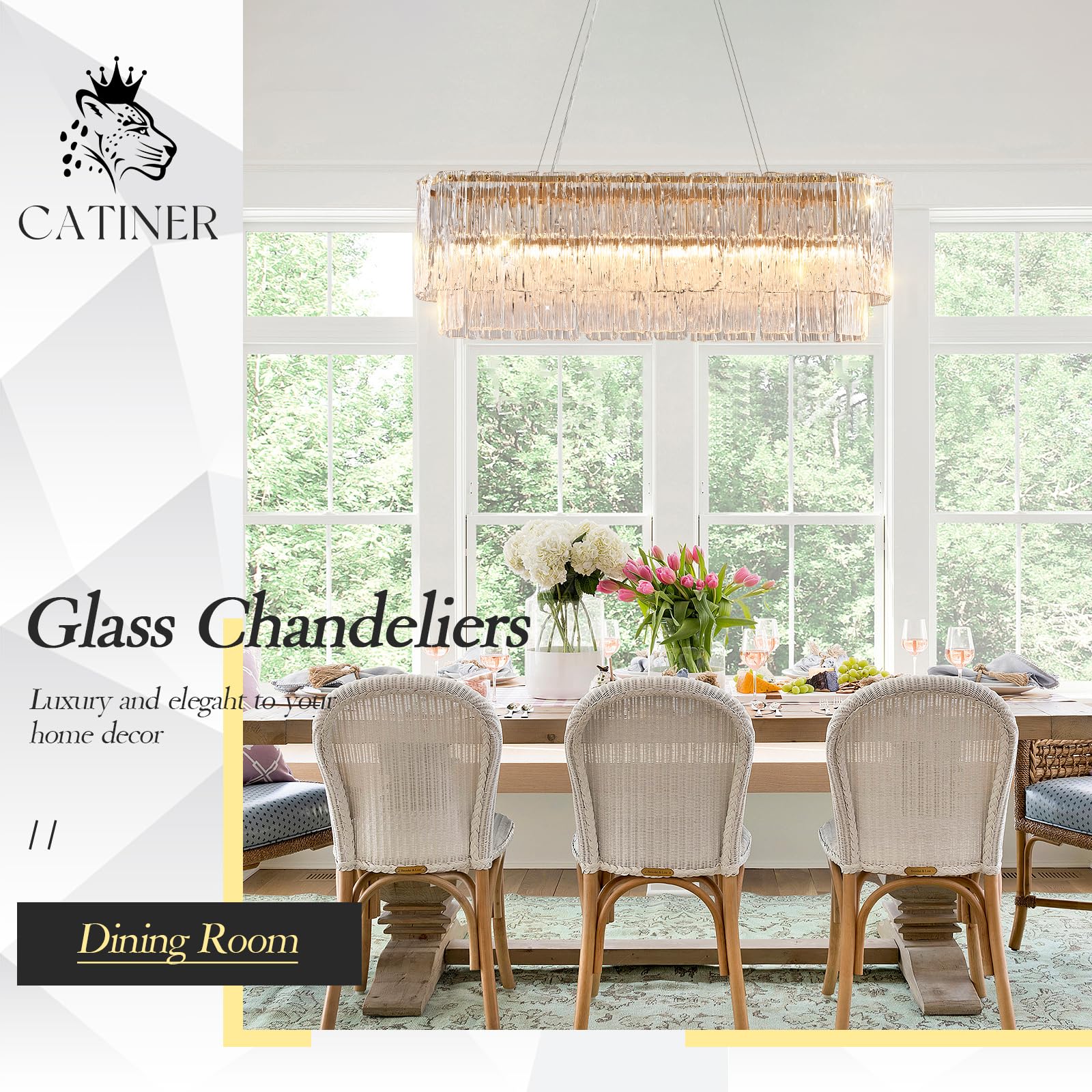 Catiner Gold Rectangle Chandeliers For Dining Room Modern Island Light Crystal Glass6-Light Chandelier Rectangular Linear Pendan